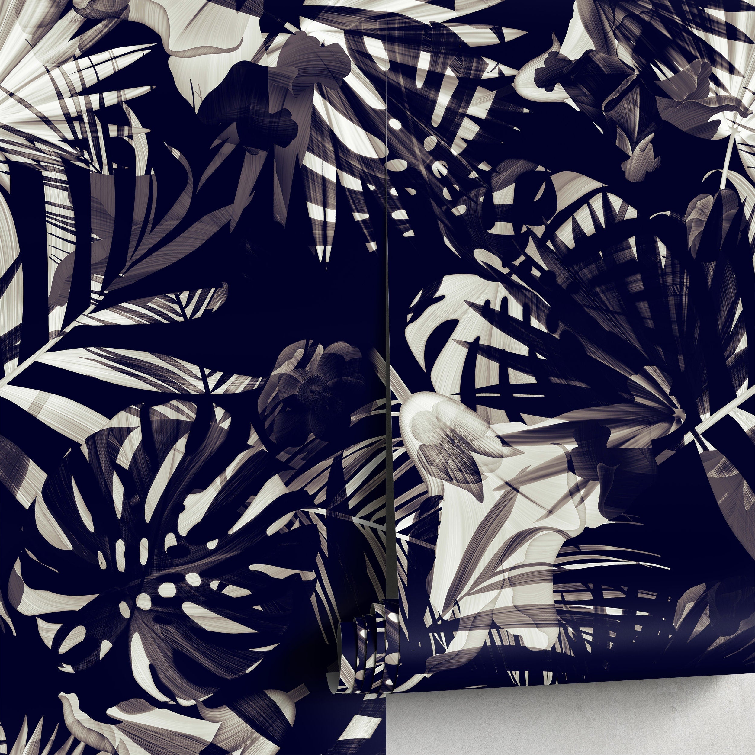 Tropical Wallpaper With Layered Palm Leaves In Navy, Taupe, And Beige - A975