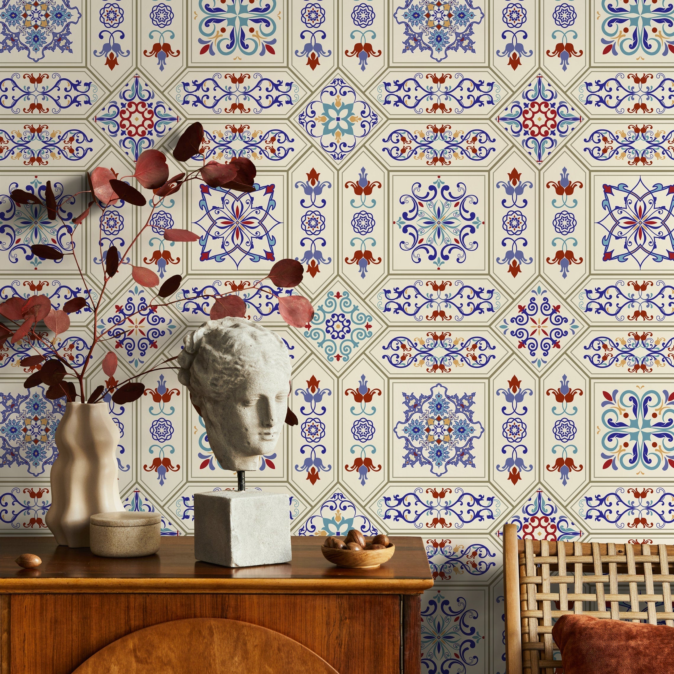 Tile Wallpaper With An Ornate Moroccan Motif In Blue, Red, And Yellow - A128