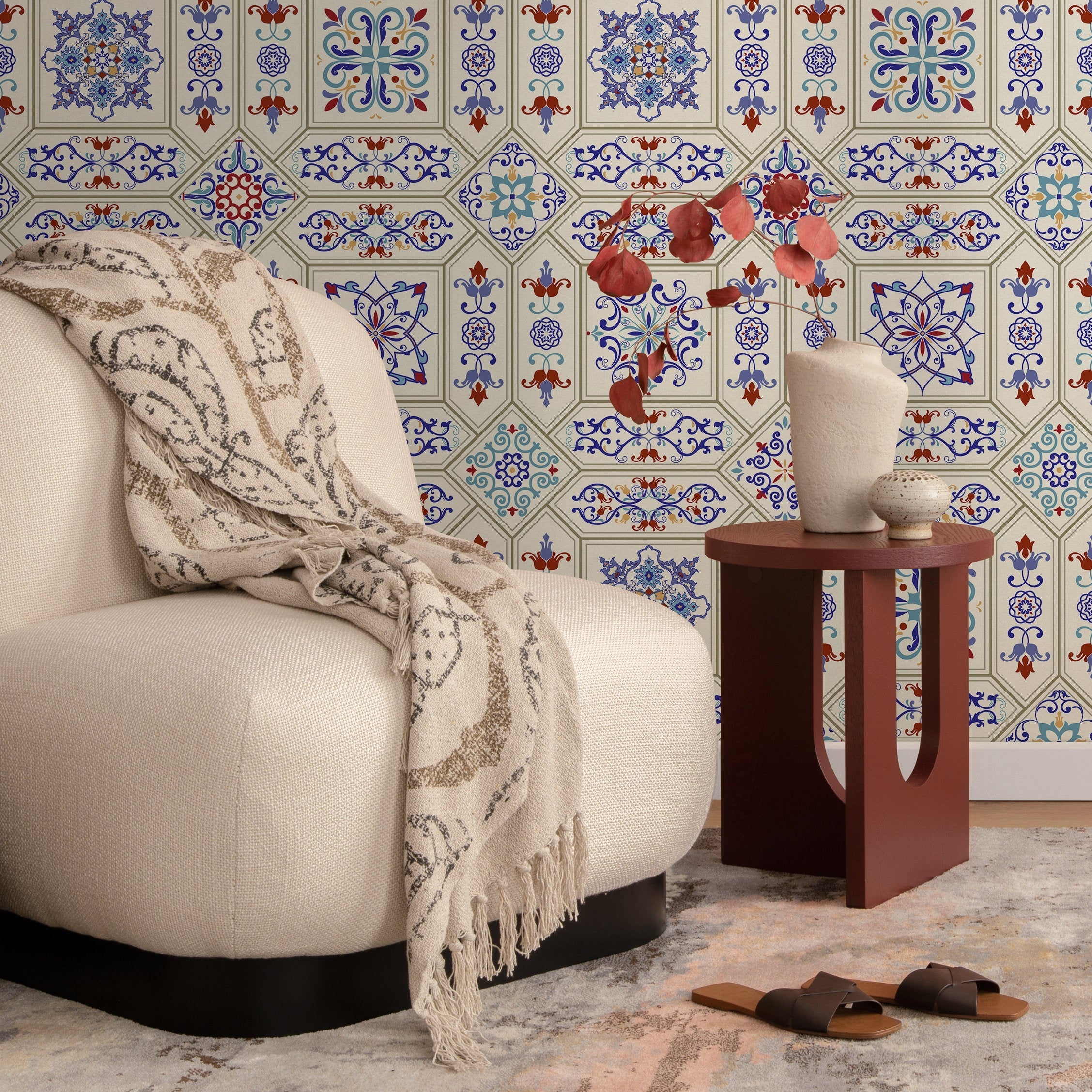 Tile Wallpaper With An Ornate Moroccan Motif In Blue, Red, And Yellow - A128