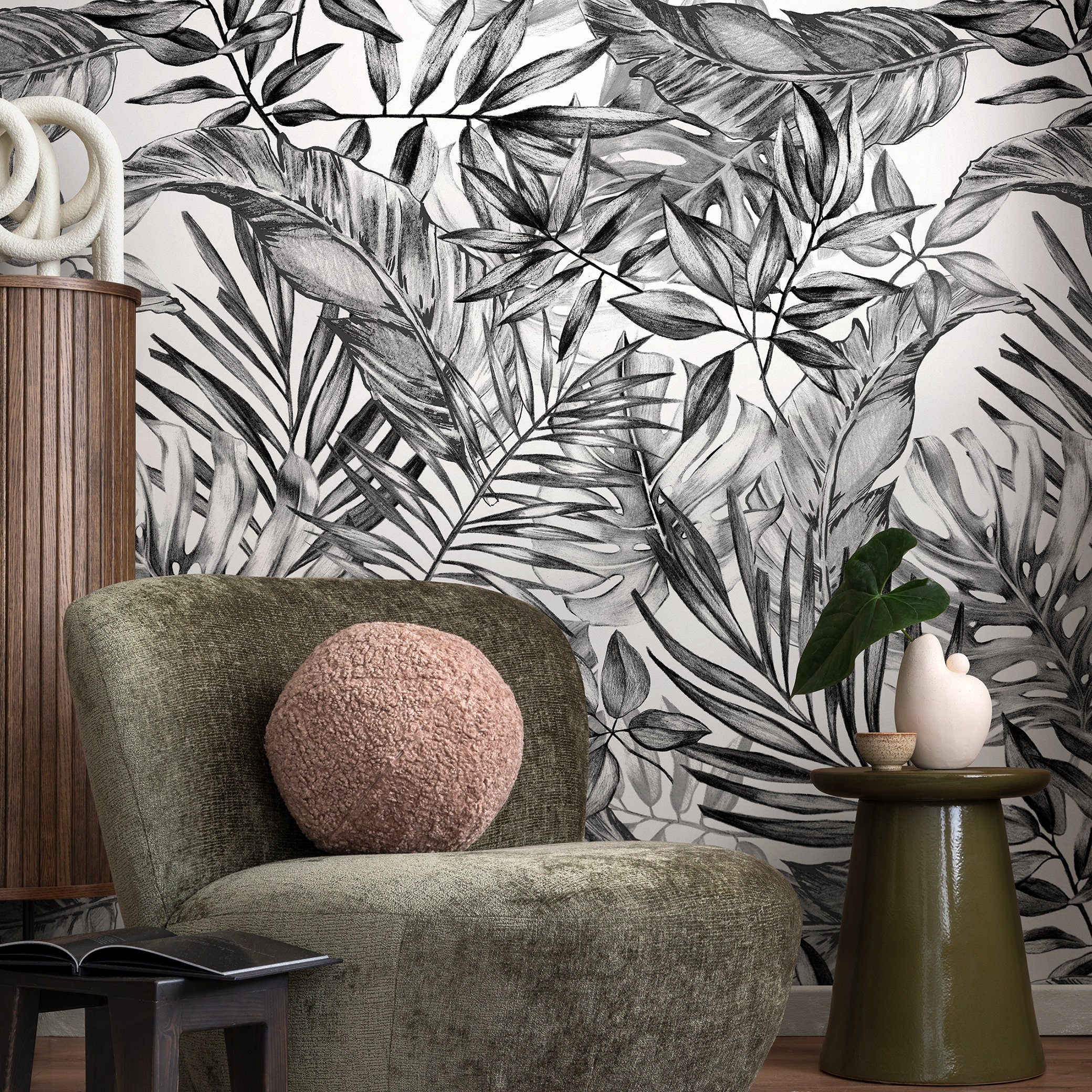 Tropical Wallpaper With A Jungle Foliage Sketch In Black And White - A277