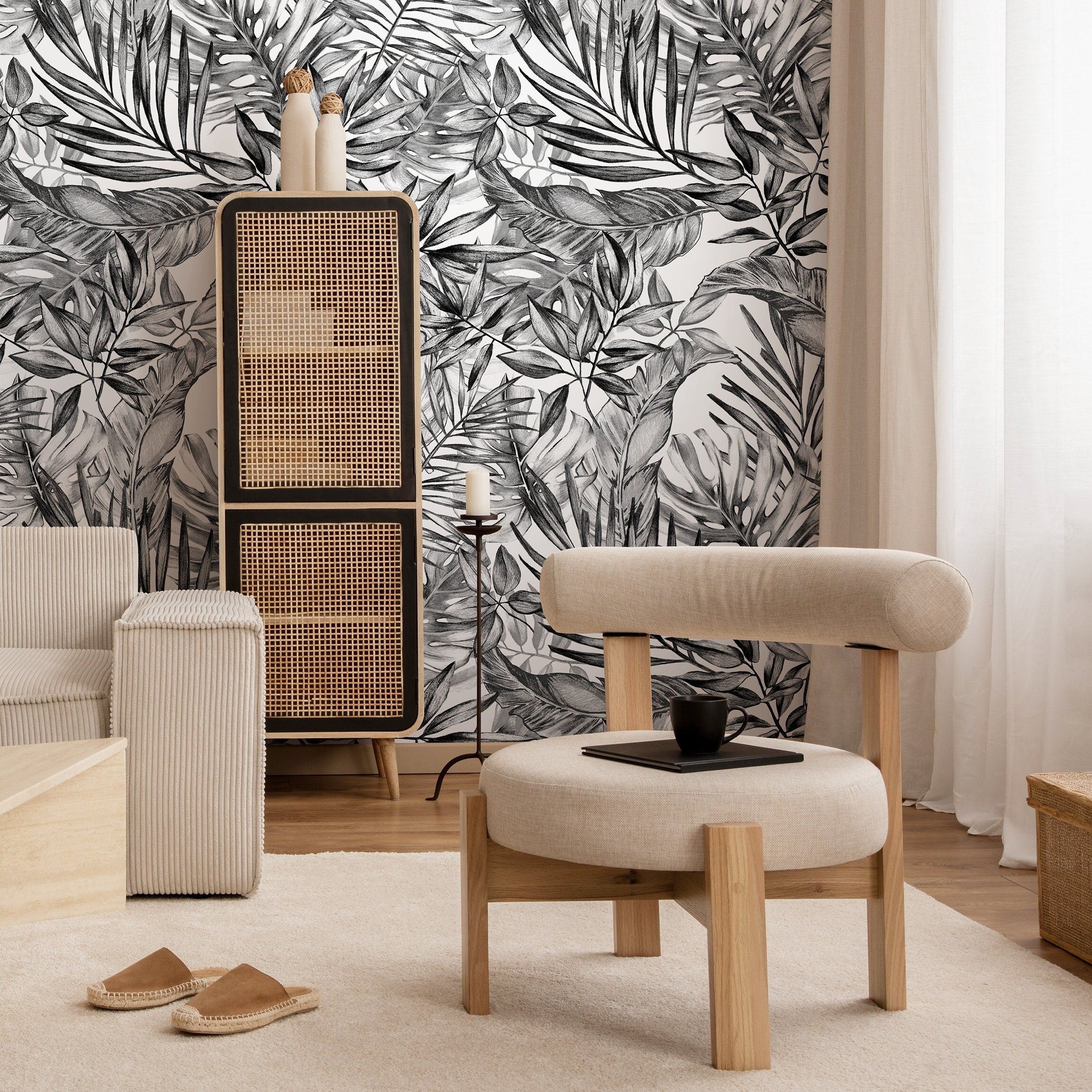 Tropical Wallpaper With A Jungle Foliage Sketch In Black And White - A277