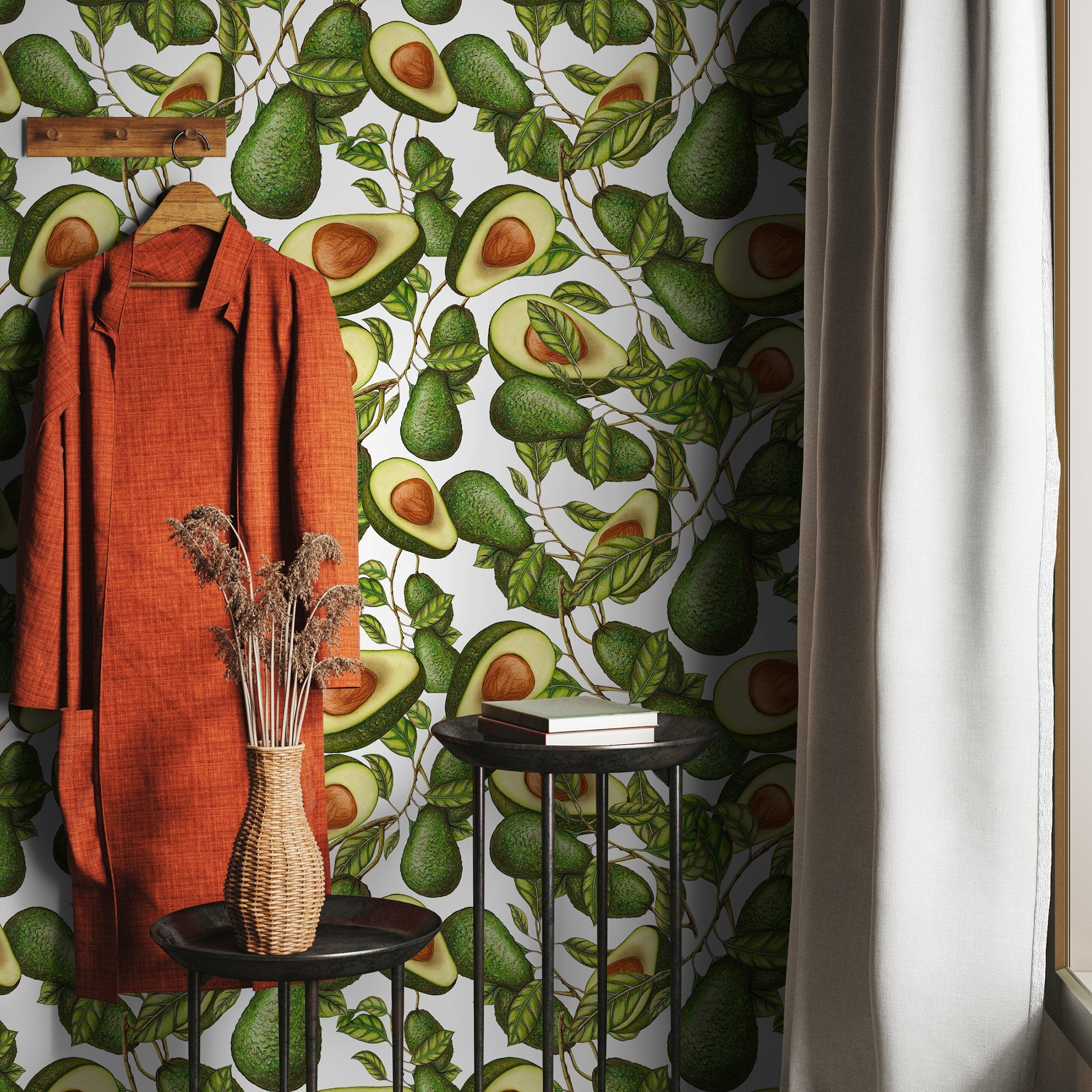 Botanical Wallpaper With An Illustrated Avocado Motif In Green And Brown - A280
