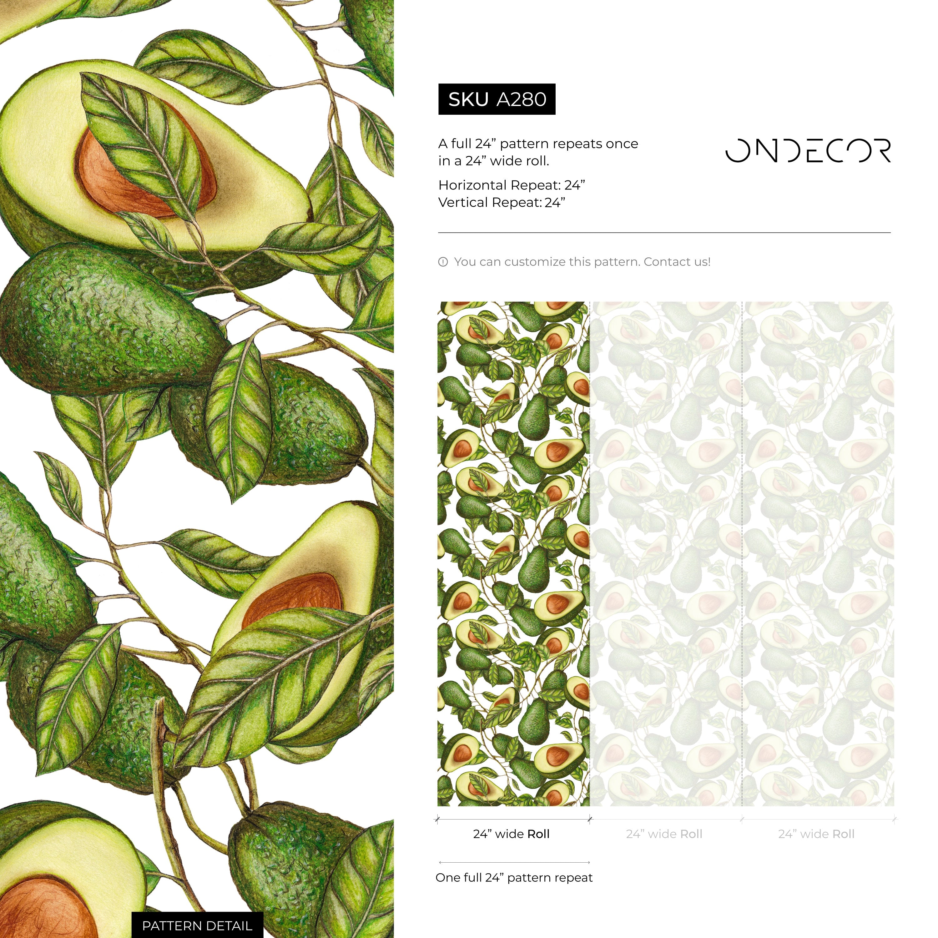 Botanical Wallpaper With An Illustrated Avocado Motif In Green And Brown - A280