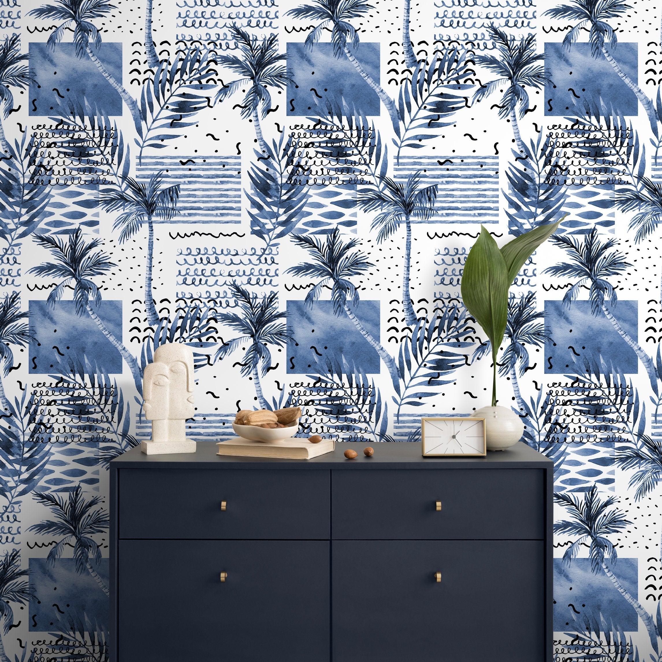 Coastal Wallpaper With An Abstract Palm Tree Collage In Blue And Black - A283