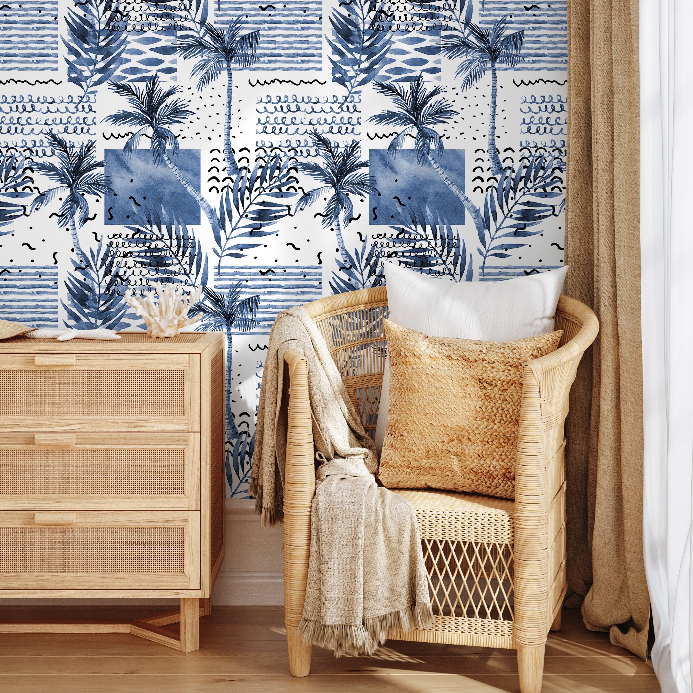 Coastal Wallpaper With An Abstract Palm Tree Collage In Blue And Black - A283