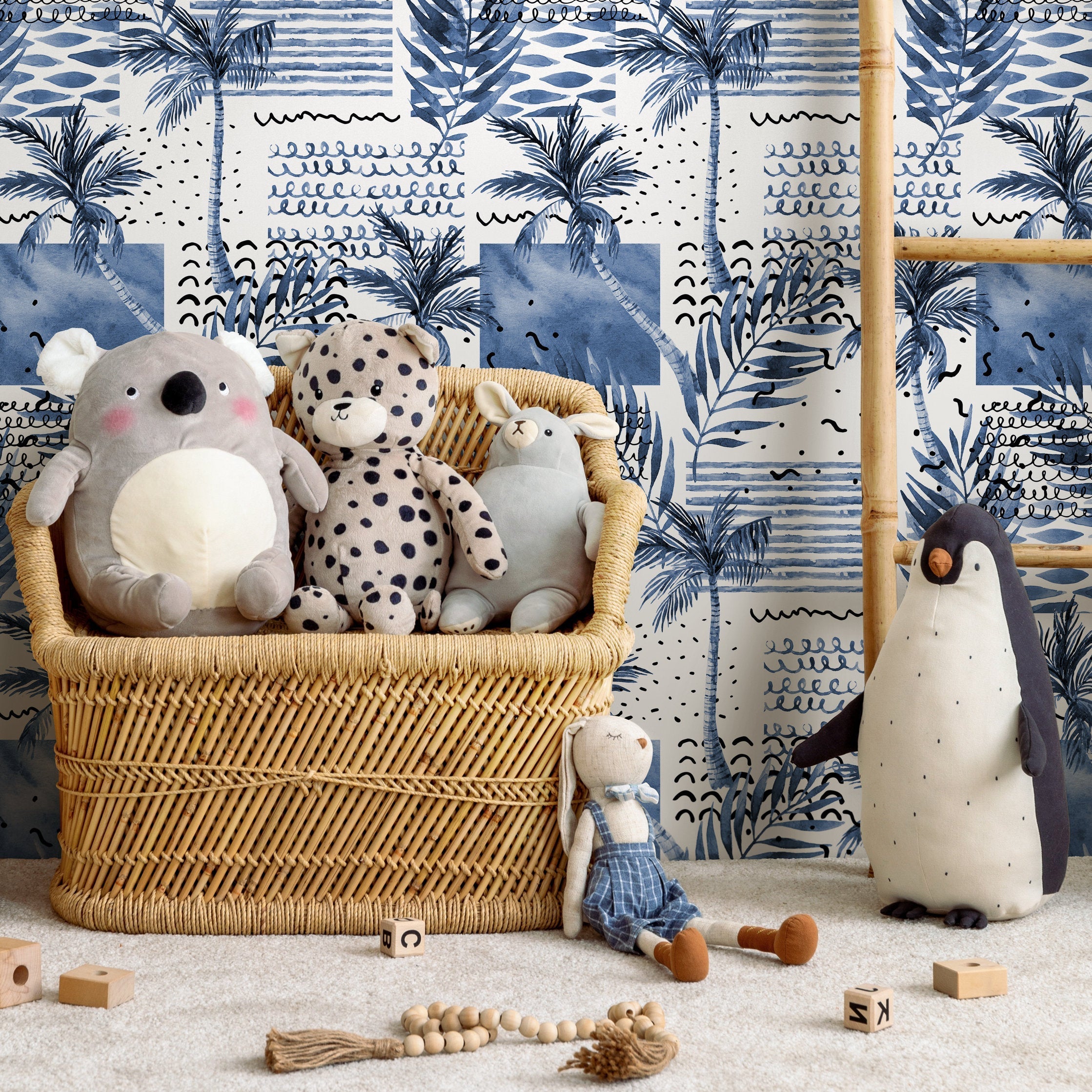 Coastal Wallpaper With An Abstract Palm Tree Collage In Blue And Black - A283