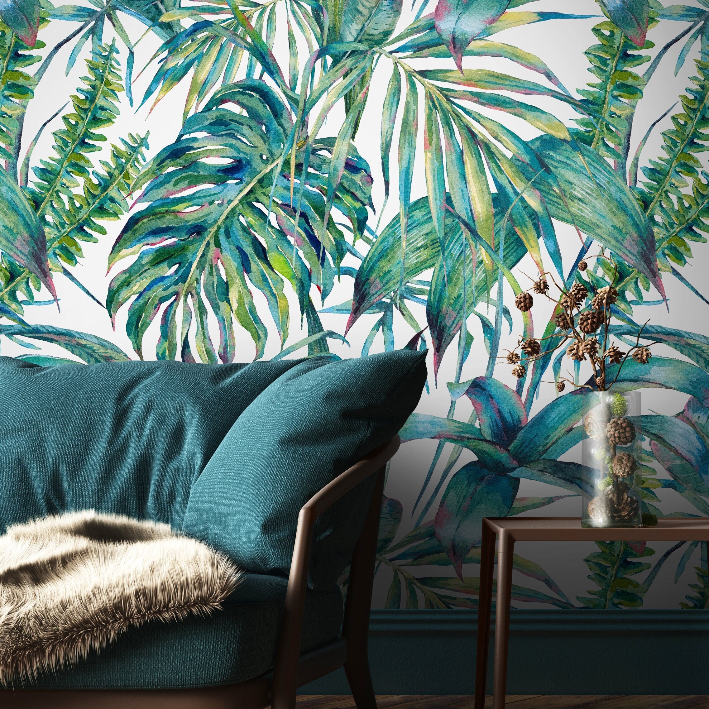 Tropical Wallpaper With Watercolor Jungle Leaves In Green, Teal, And Blue - A285