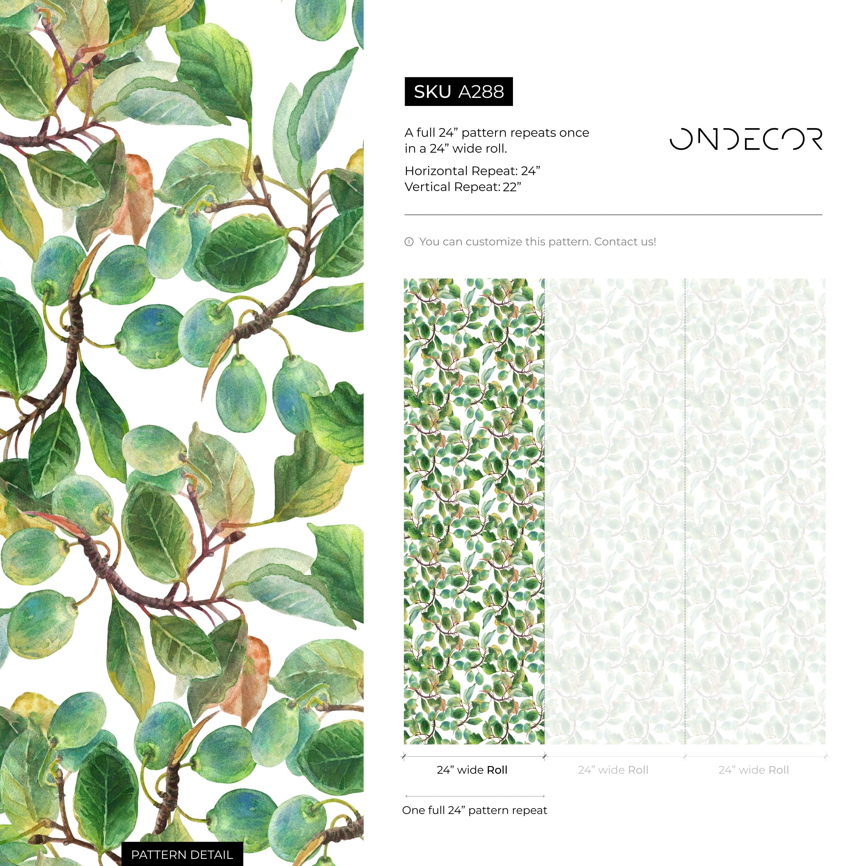 Botanical Wallpaper Featuring Watercolor Fruit Branches In Green And Brown - A288
