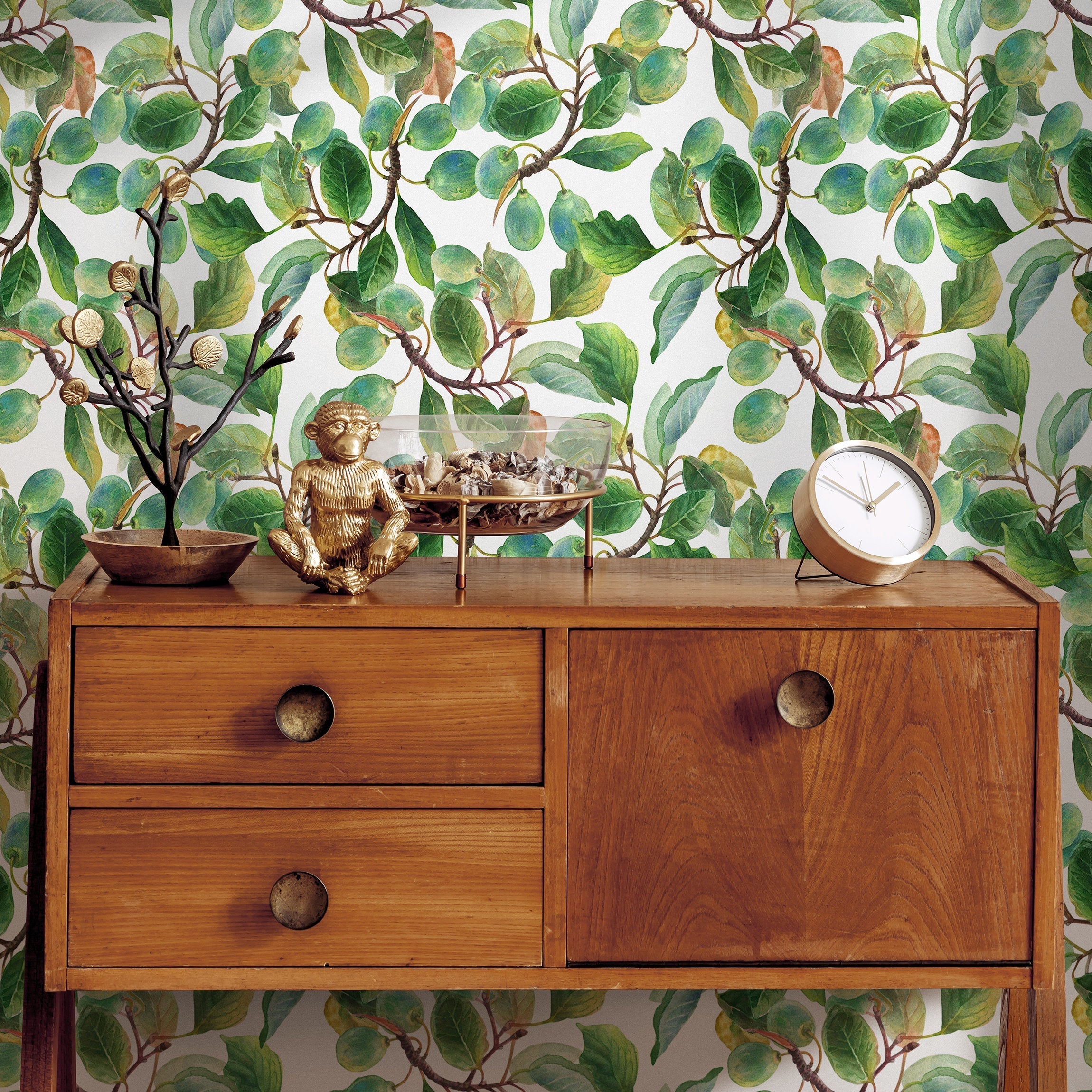 Botanical Wallpaper Featuring Watercolor Fruit Branches In Green And Brown - A288