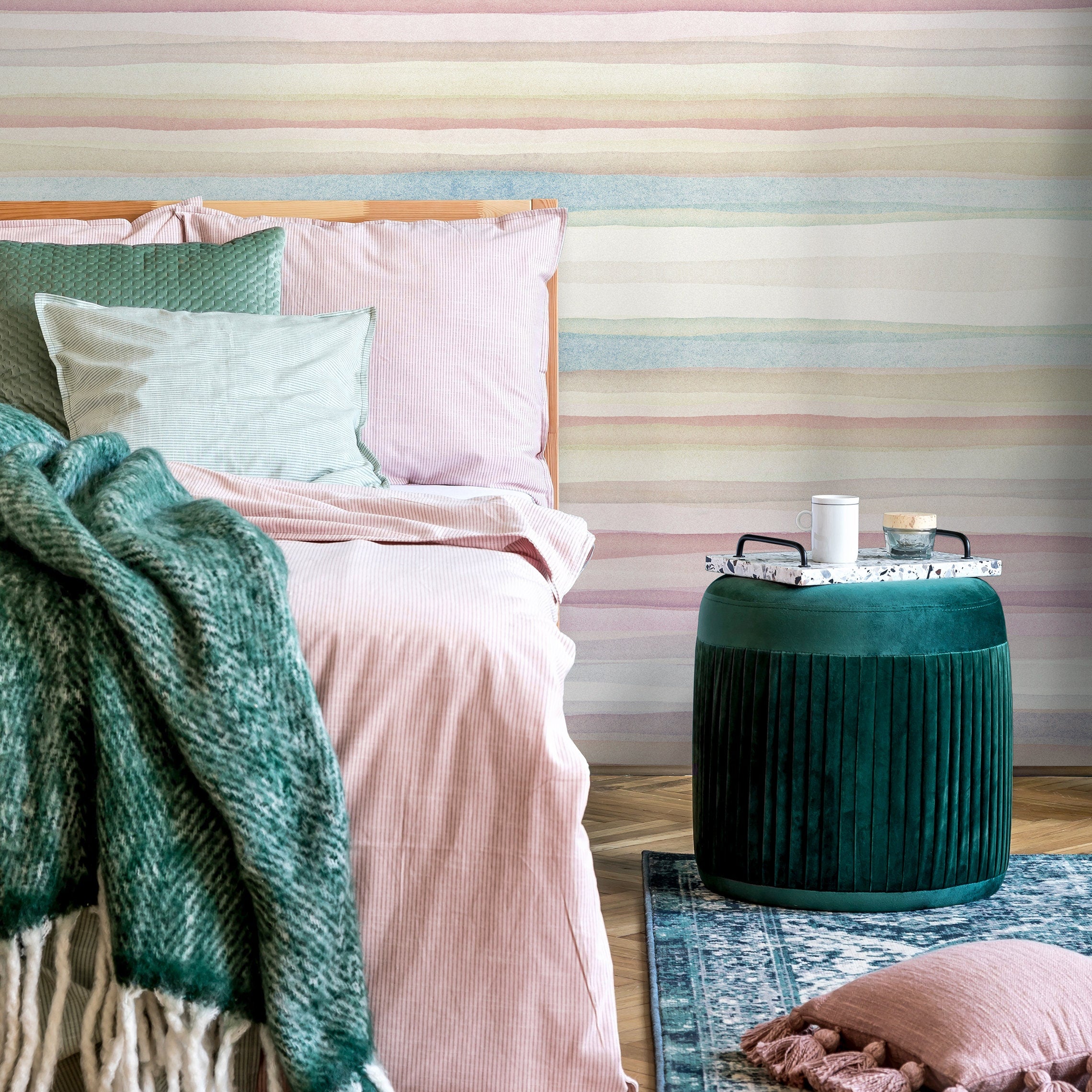 Watercolor Wallpaper With Horizontal Stripes In Pink, Blue, And Yellow - A290