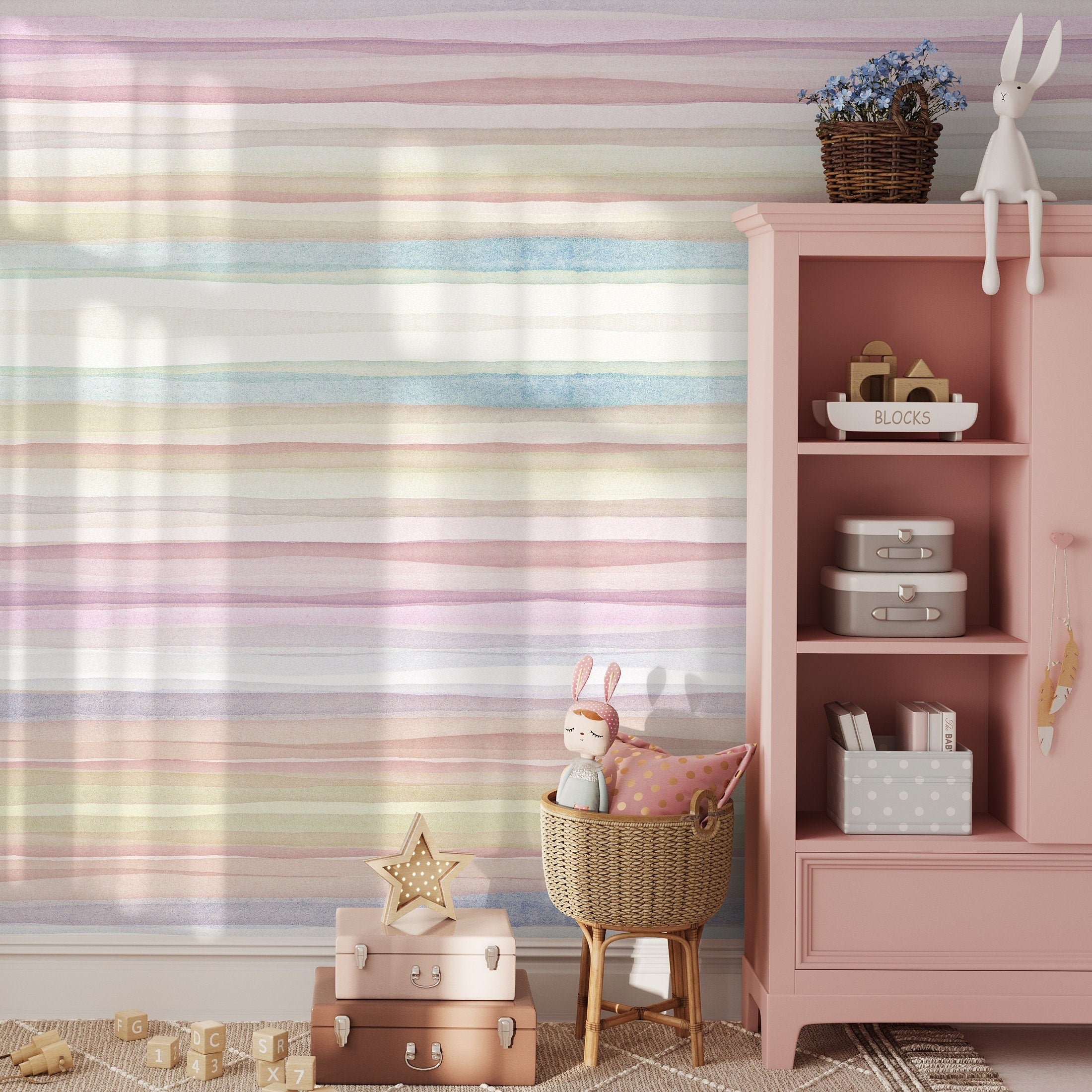 Watercolor Wallpaper With Horizontal Stripes In Pink, Blue, And Yellow - A290