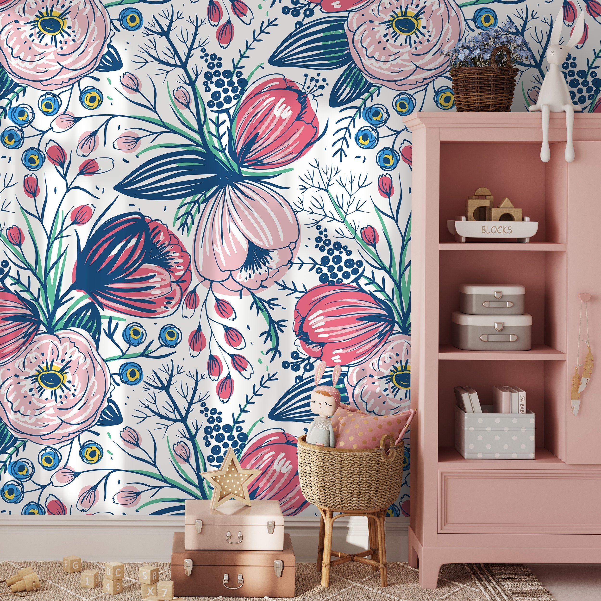 Boho Floral Wallpaper With Stylized Botanicals In Pink, Blue, And Yellow - A368