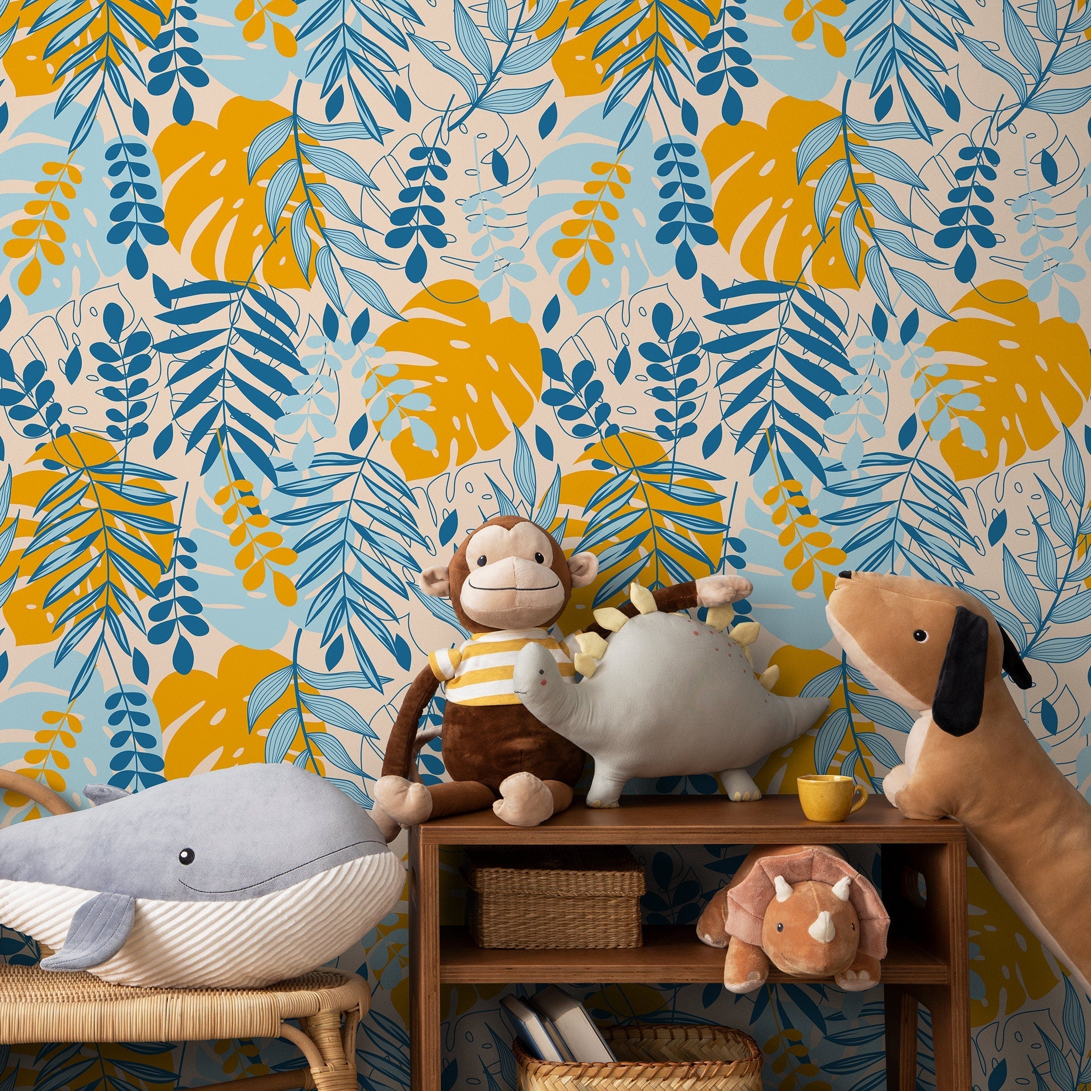 Tropical Wallpaper With A Boho Leaf Motif In Yellow And Blue - A808