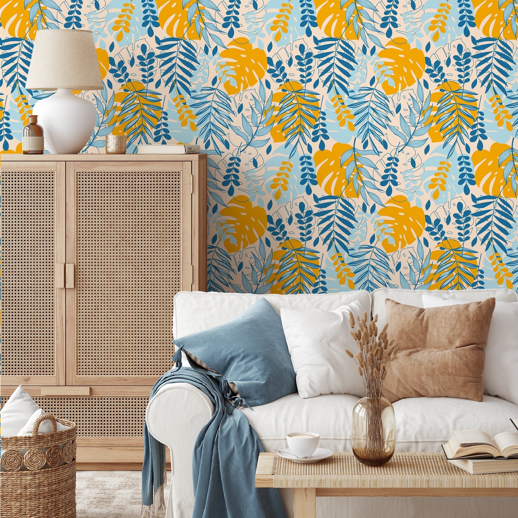 Tropical Wallpaper With A Boho Leaf Motif In Yellow And Blue - A808