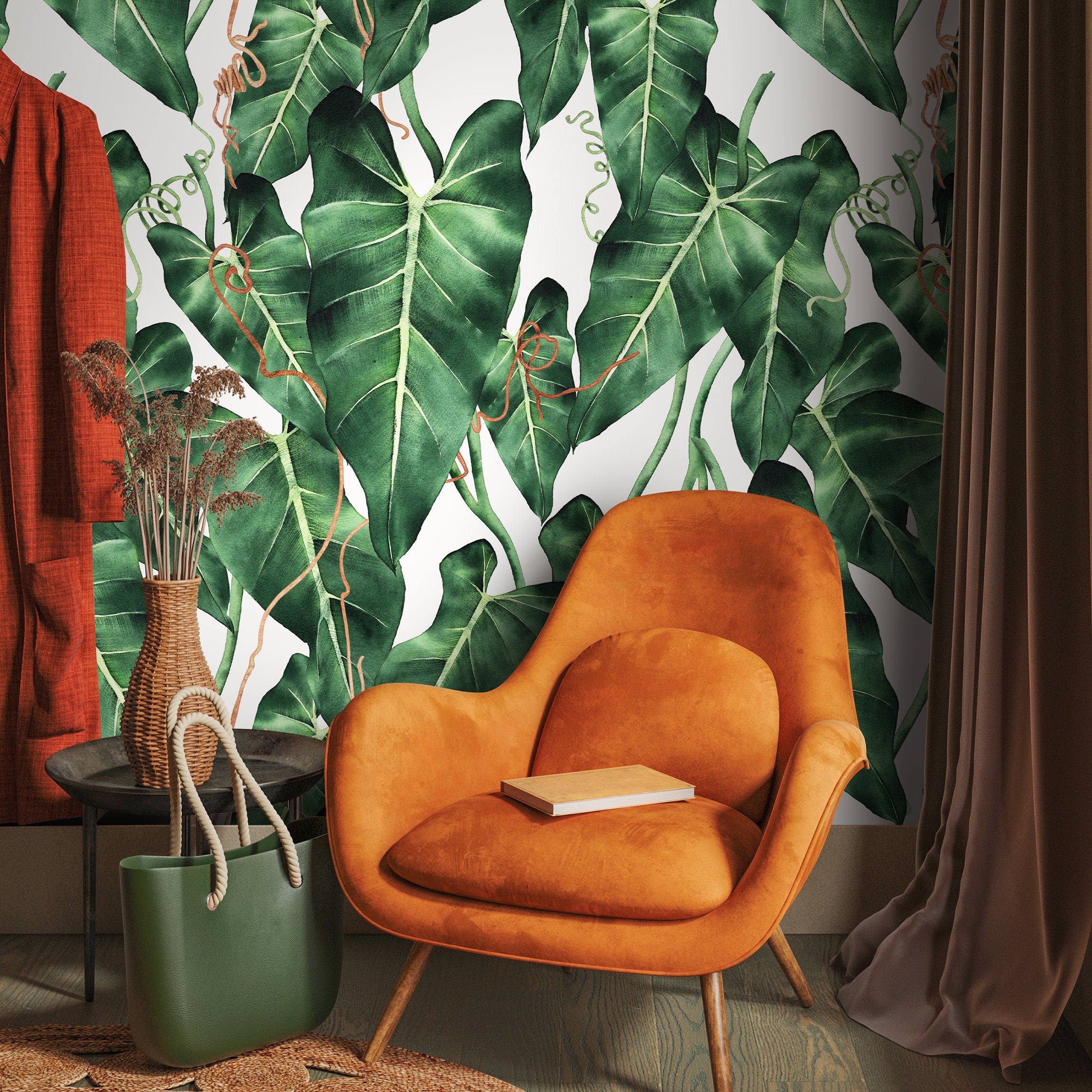 Tropical Wallpaper Featuring Lush Watercolor Leaves In Green And Brown - A842