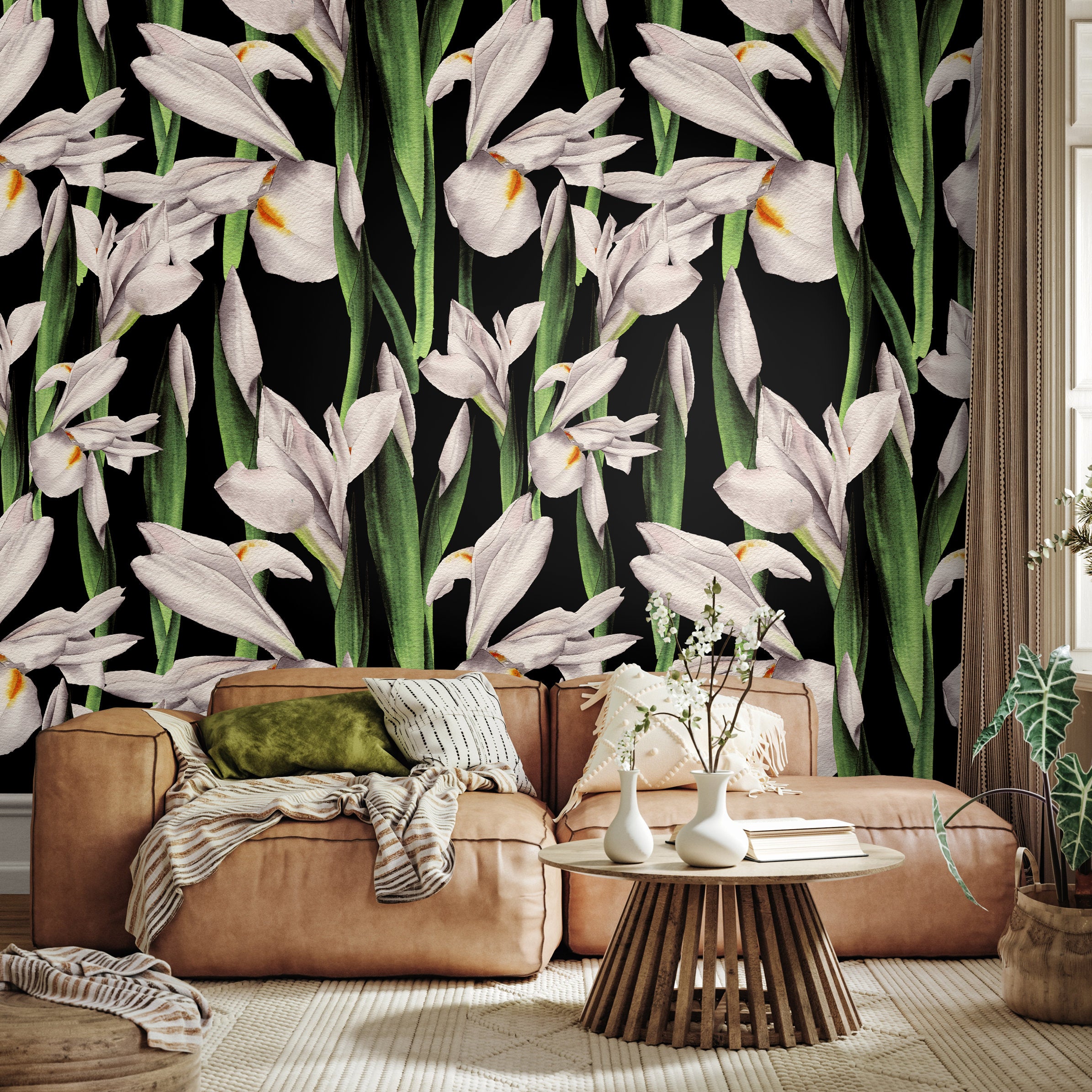 Floral Wallpaper Featuring Watercolor Irises In Black, White, And Green - A844