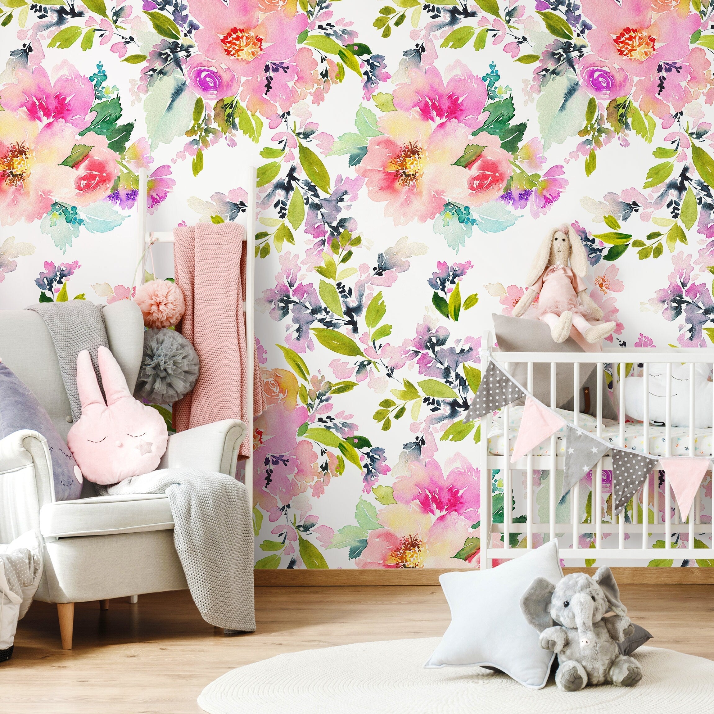 Floral Wallpaper With Loose Watercolor Blooms In Pink, Purple, And Green - A130