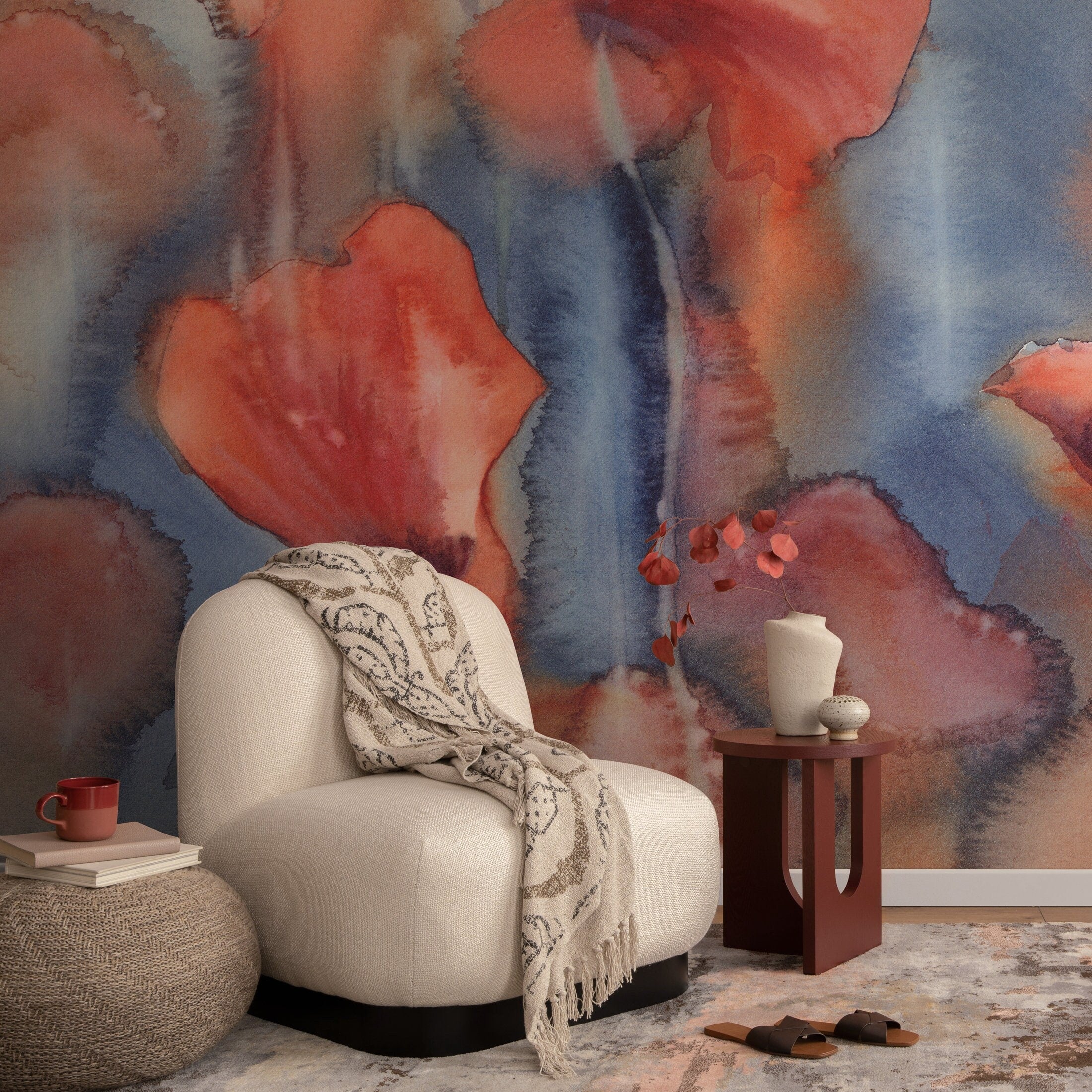 Abstract Wallpaper With Organic Watercolor Shapes In Coral, Blue, And Beige - A131
