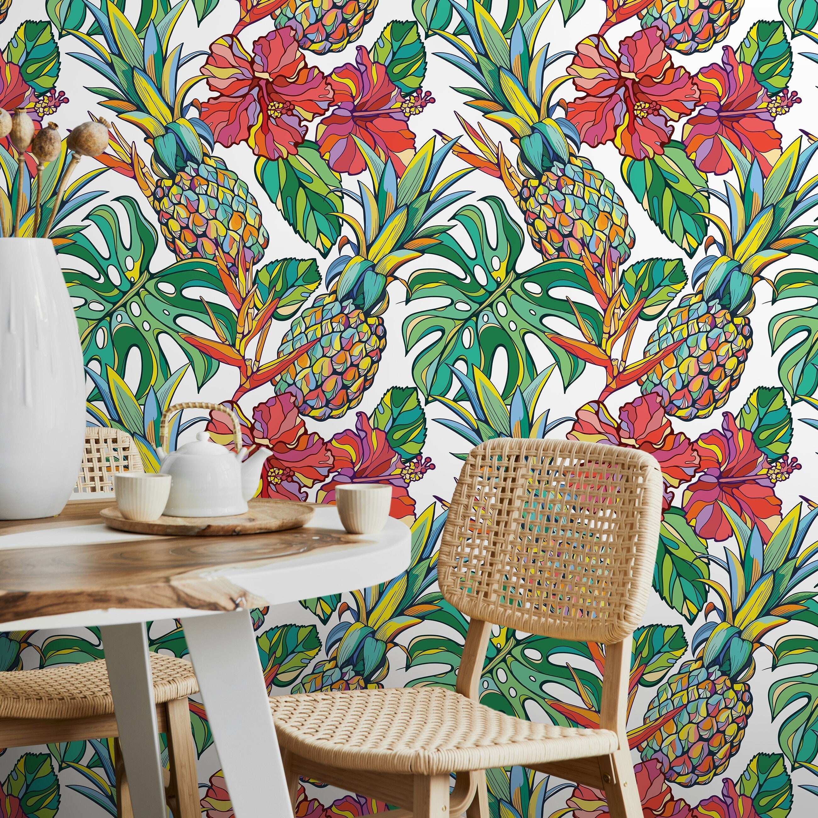 Tropical Wallpaper With Pineapples And Hibiscus In Red, Green, And Yellow - A137