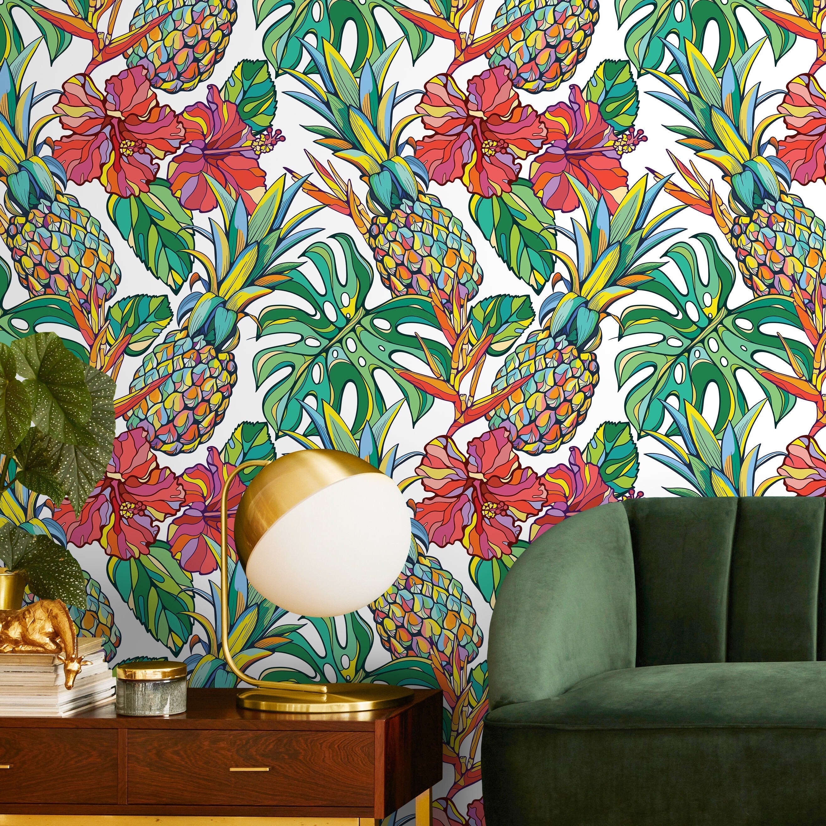 Tropical Wallpaper With Pineapples And Hibiscus In Red, Green, And Yellow - A137