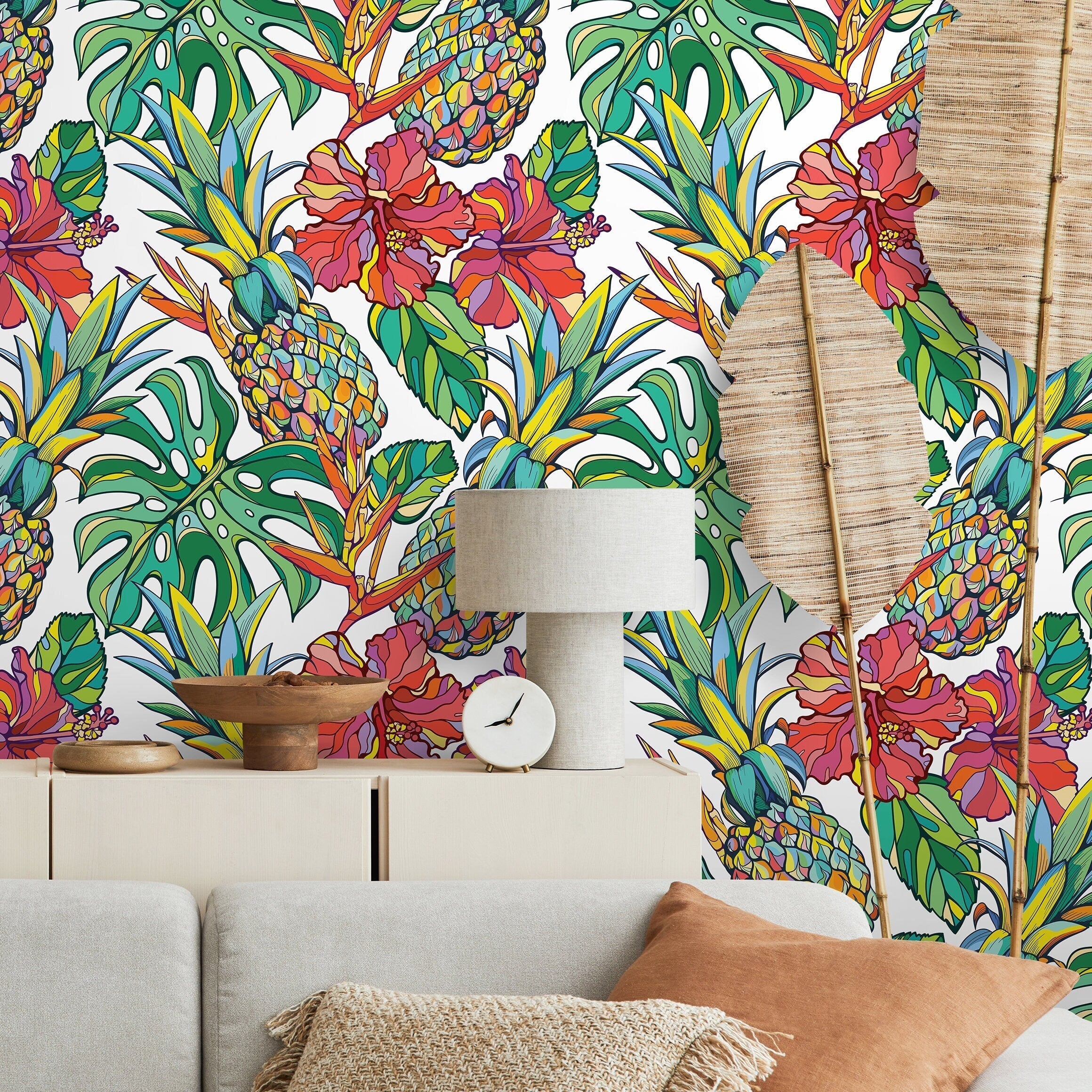 Tropical Wallpaper With Pineapples And Hibiscus In Red, Green, And Yellow - A137