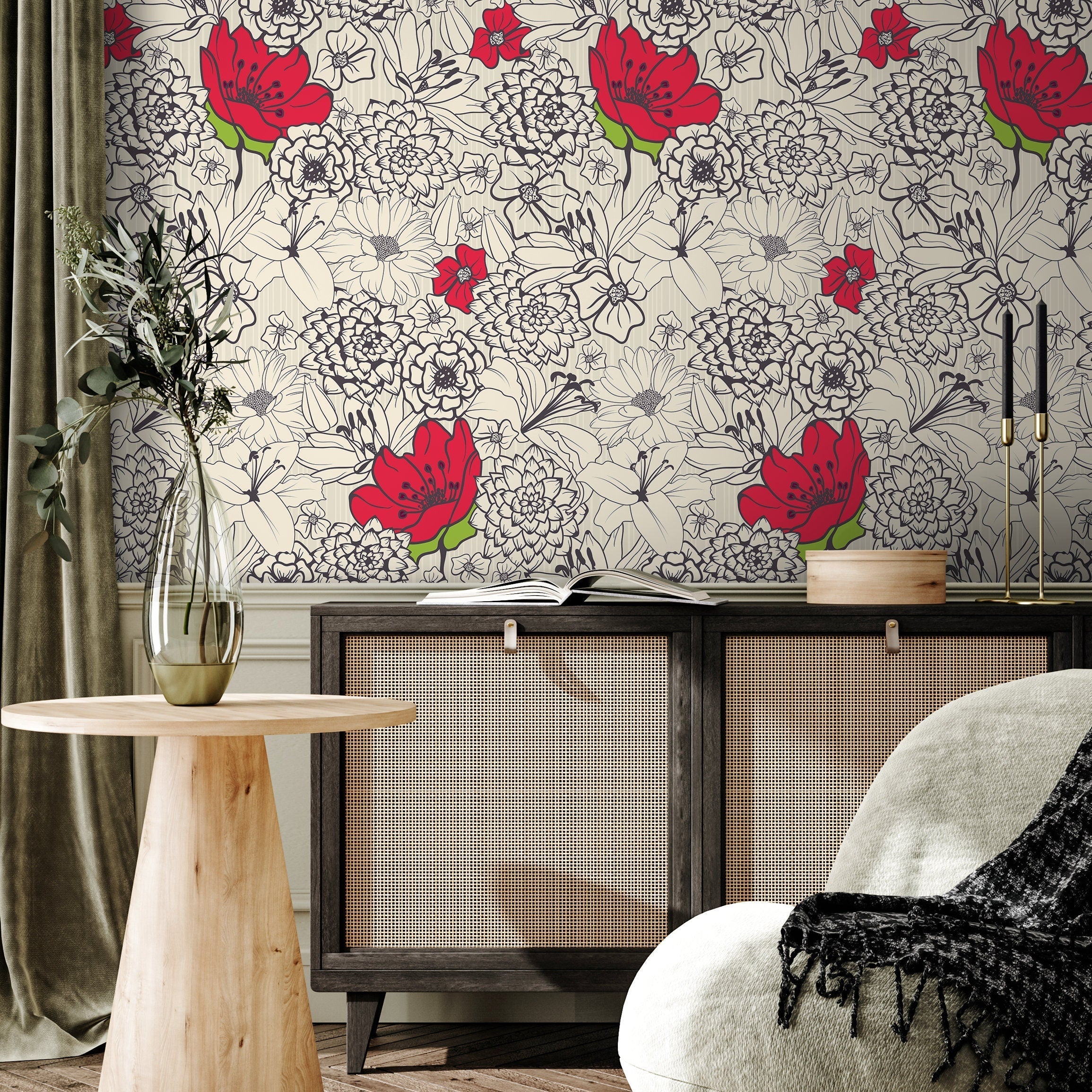 Floral Wallpaper With A Graphic Line Art Motif In Red, Black, And Beige - A138