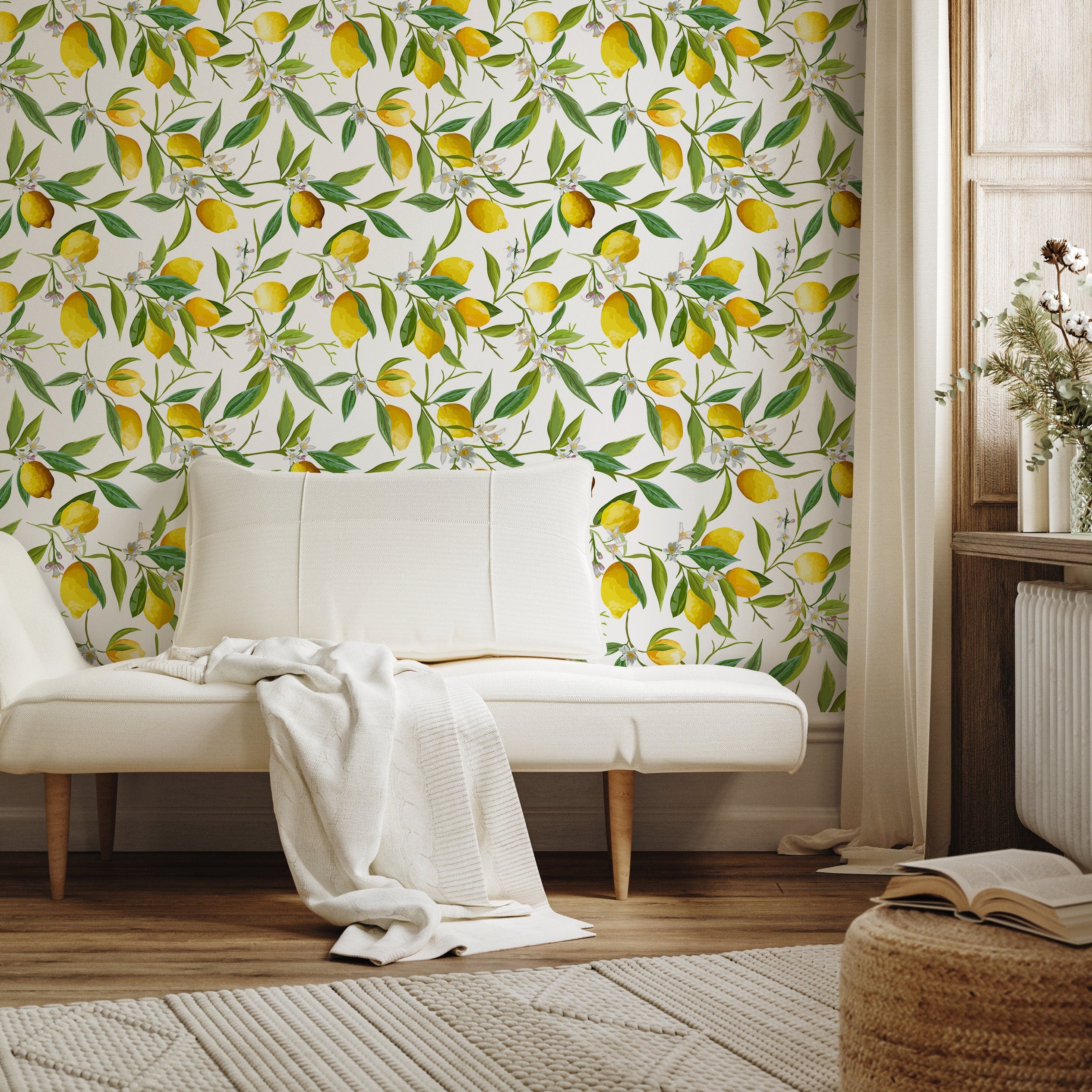 Botanical Wallpaper With A Fresh Lemon Tree Motif In Yellow And Green - A146