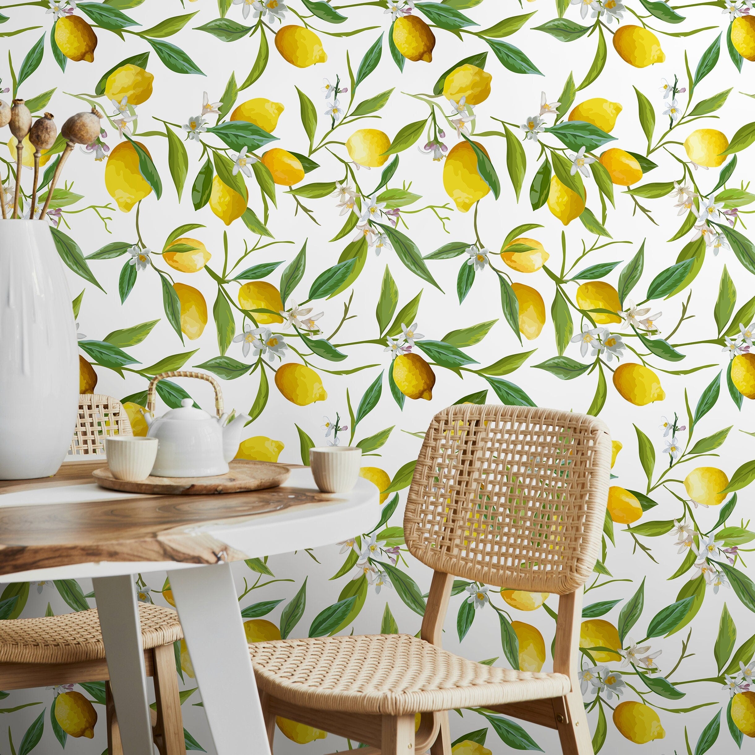 Botanical Wallpaper With A Fresh Lemon Tree Motif In Yellow And Green - A146