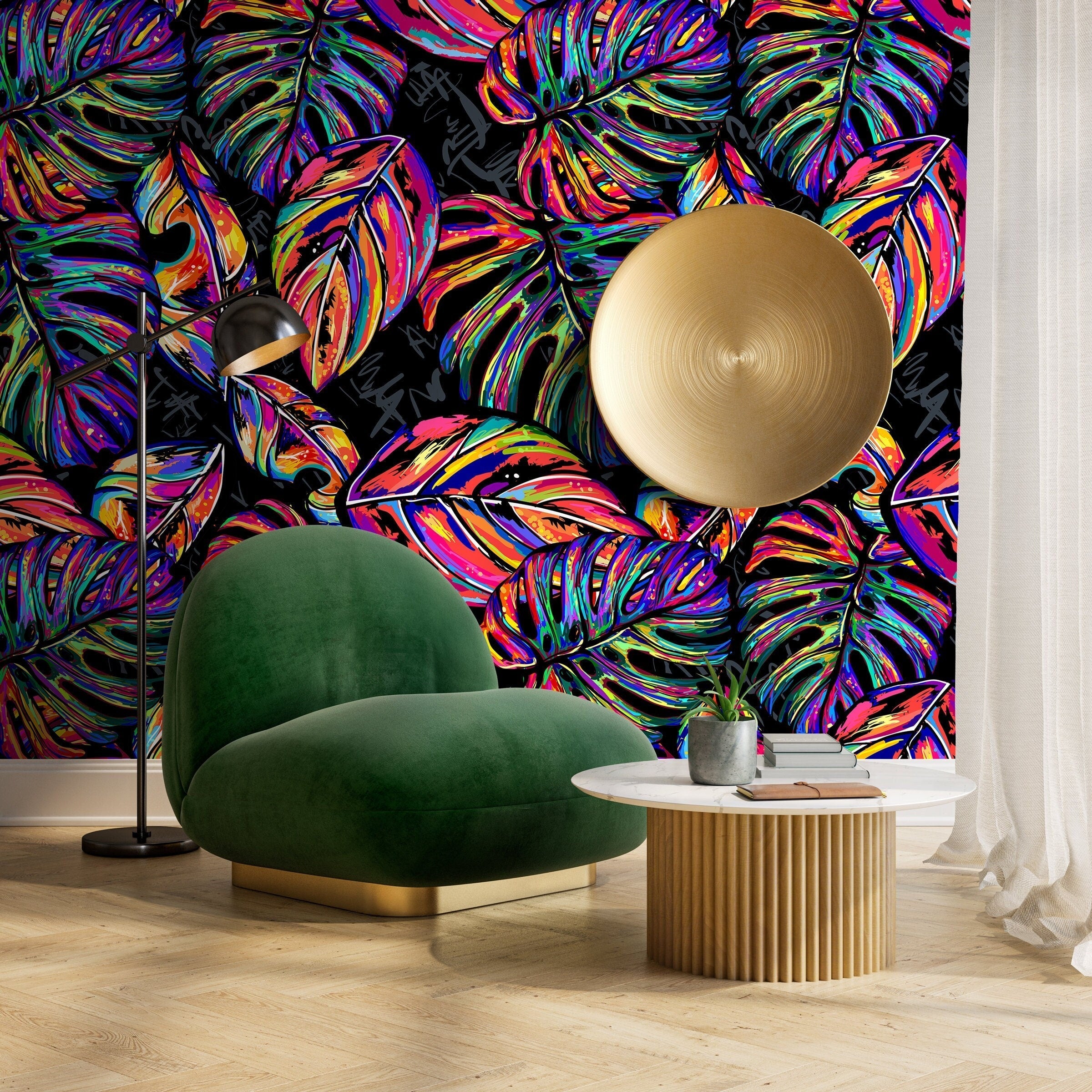 Botanical Wallpaper With Abstract Monstera Leaves In Pink, Blue, And Yellow - A147