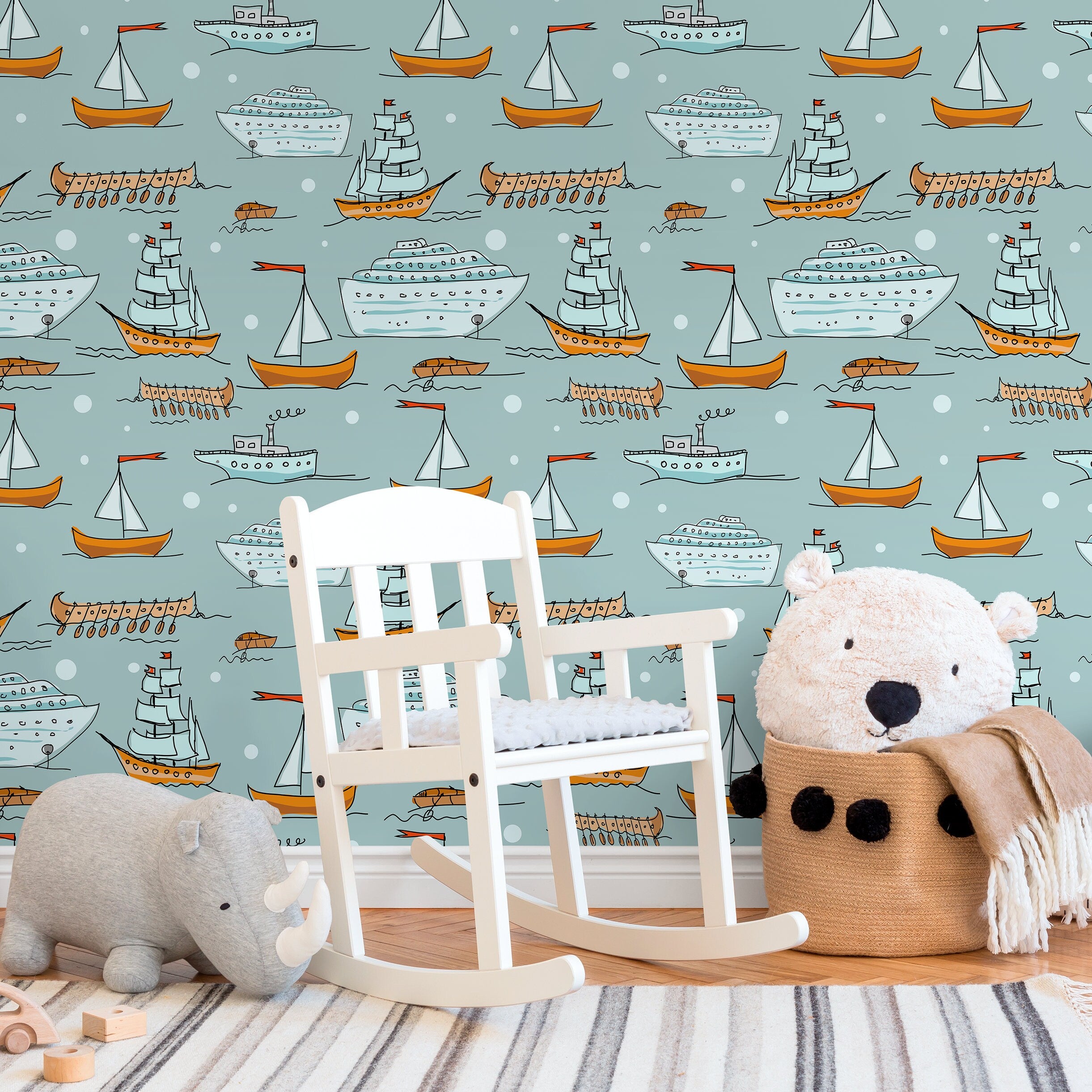 Nautical Wallpaper With Hand-drawn Ships And Boats In Blue And Orange - A166