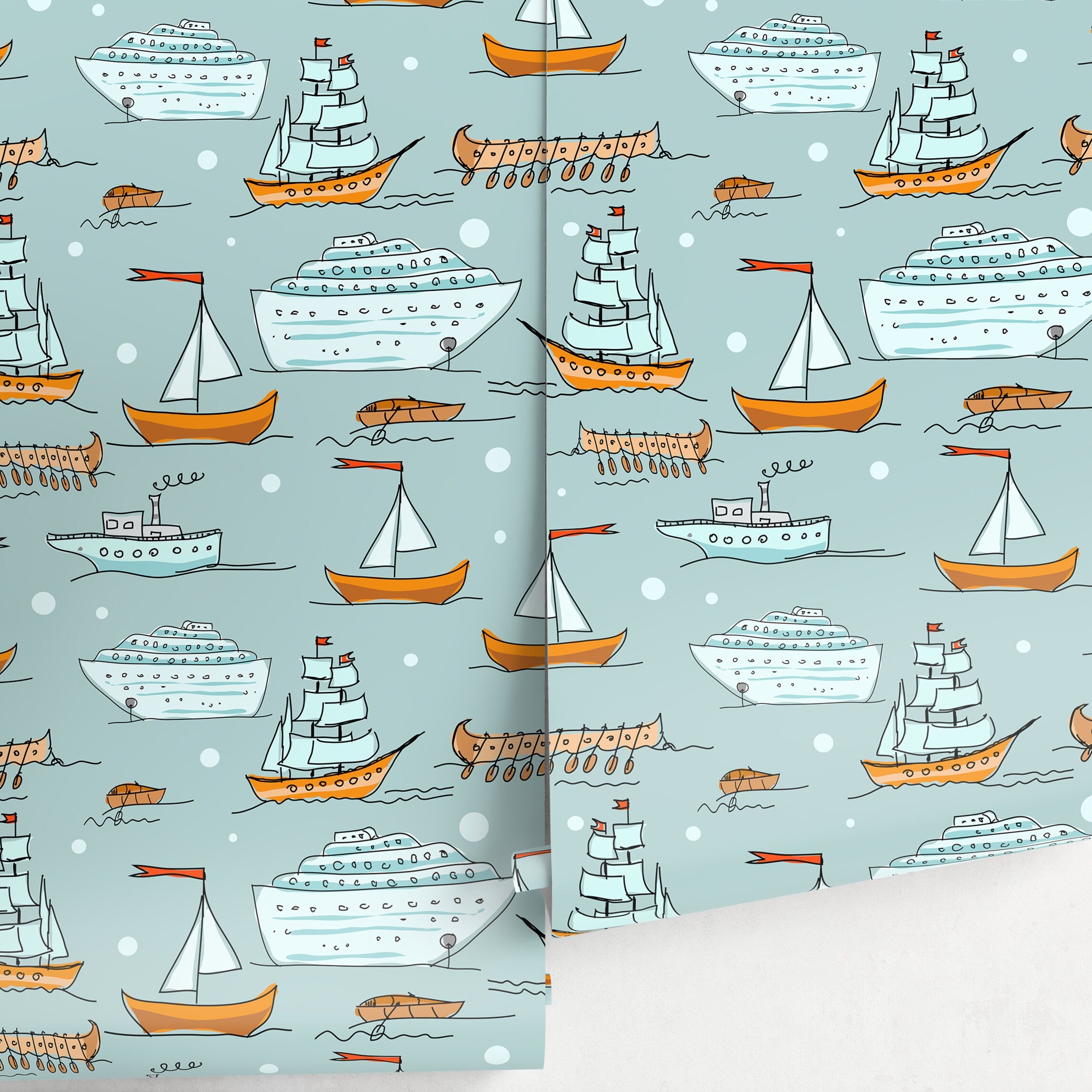 Nautical Wallpaper With Hand-drawn Ships And Boats In Blue And Orange - A166