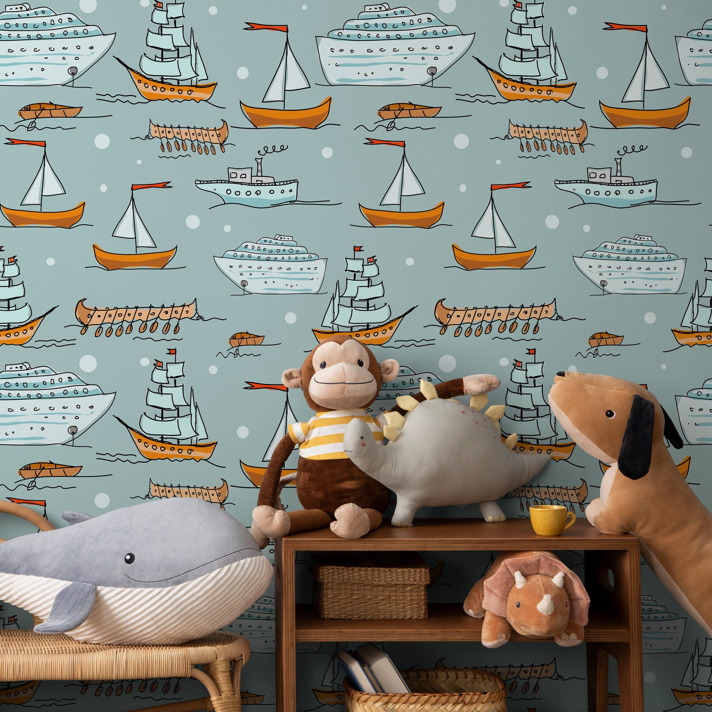 Nautical Wallpaper With Hand-drawn Ships And Boats In Blue And Orange - A166