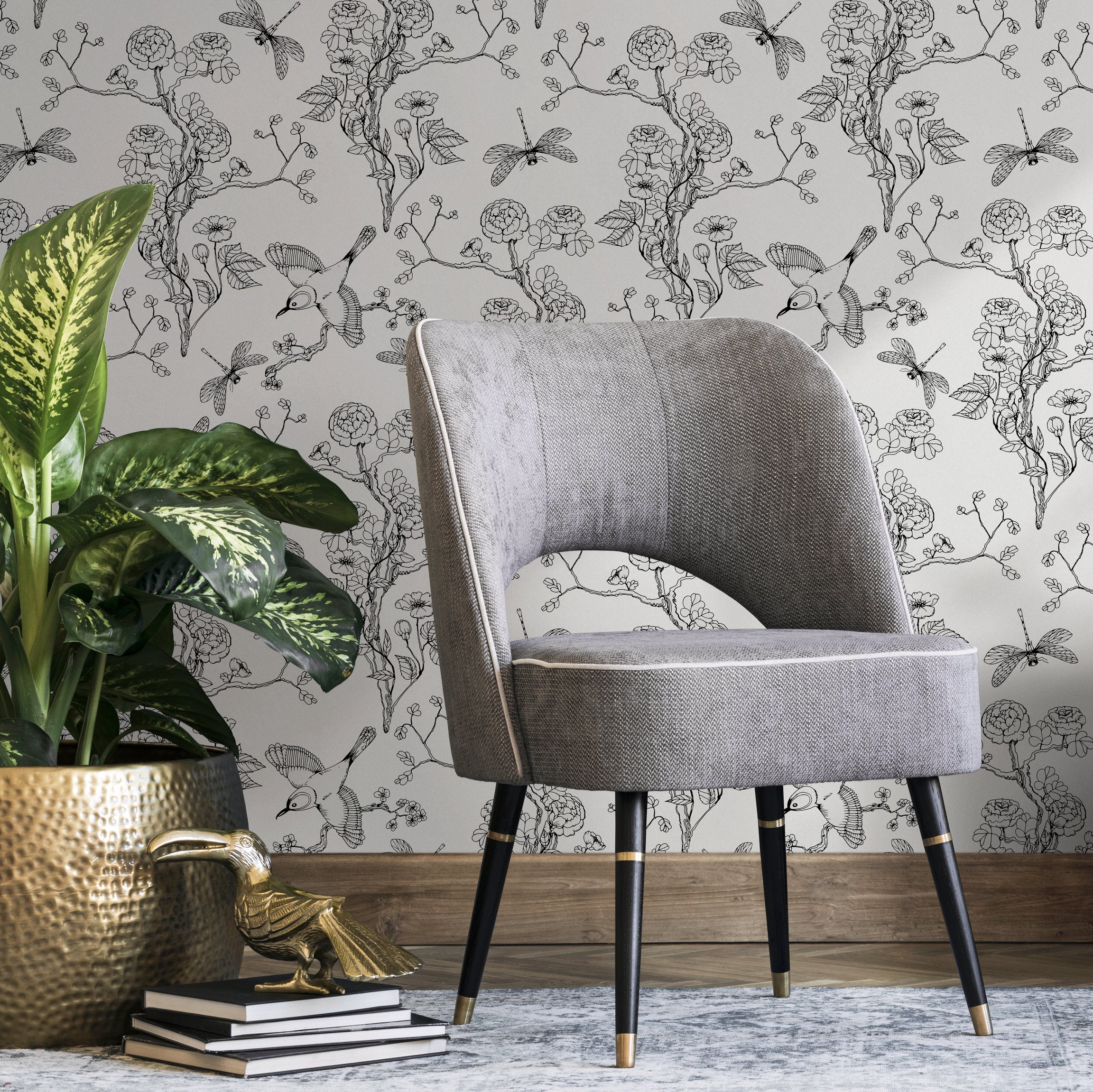 Chinoiserie Wallpaper With Birds And Floral Branches In Black And White - A252