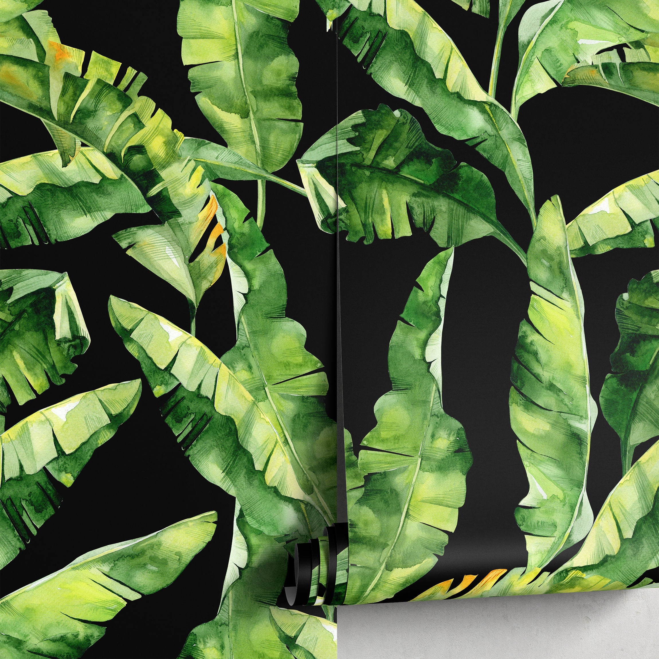 Tropical Wallpaper With Watercolor Banana Leaves In Green And Black - A266