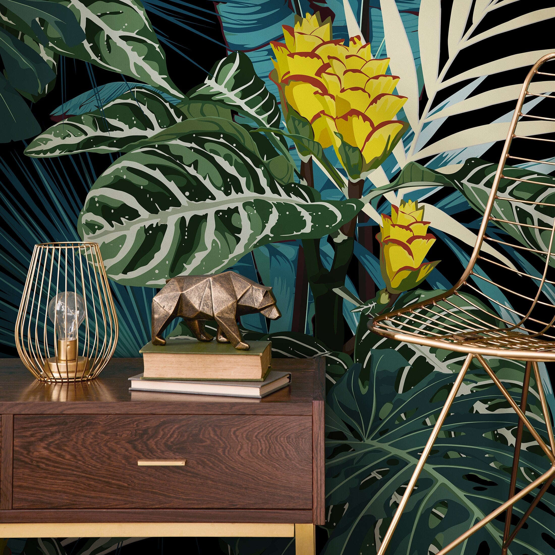 Tropical Wallpaper With Lush Jungle Foliage In Green, Yellow, And Black - A800