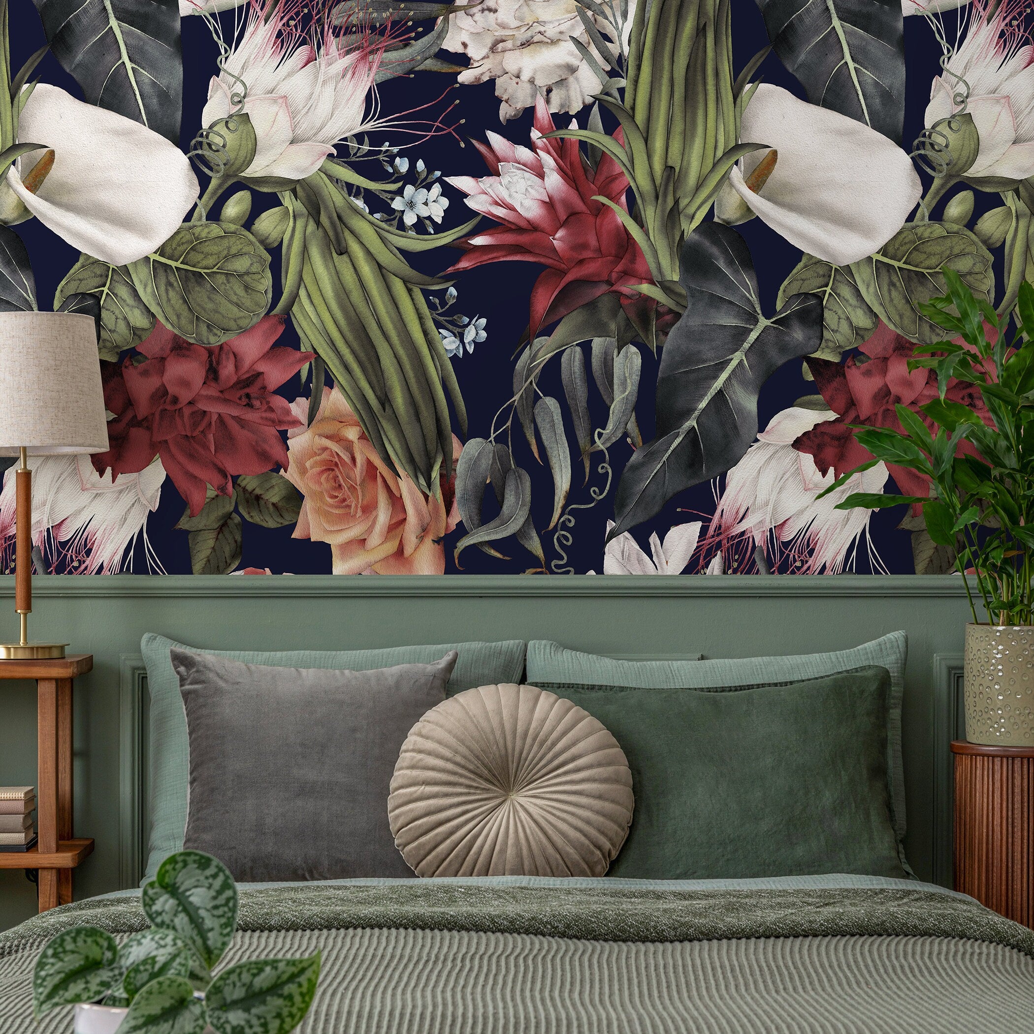 Dark Floral Wallpaper With Moody Roses In Red, Green, And Peach - A845