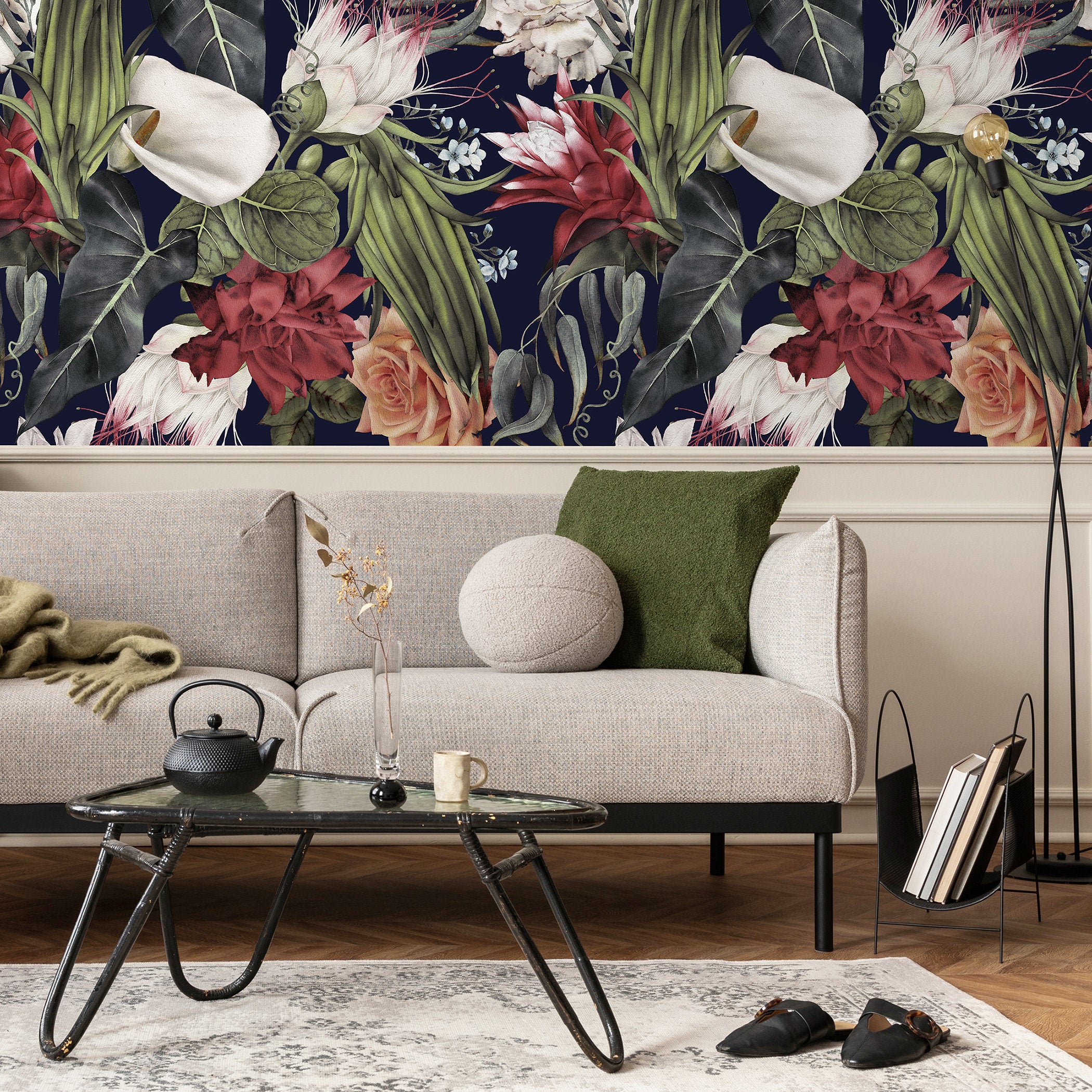 Dark Floral Wallpaper With Moody Roses In Red, Green, And Peach - A845