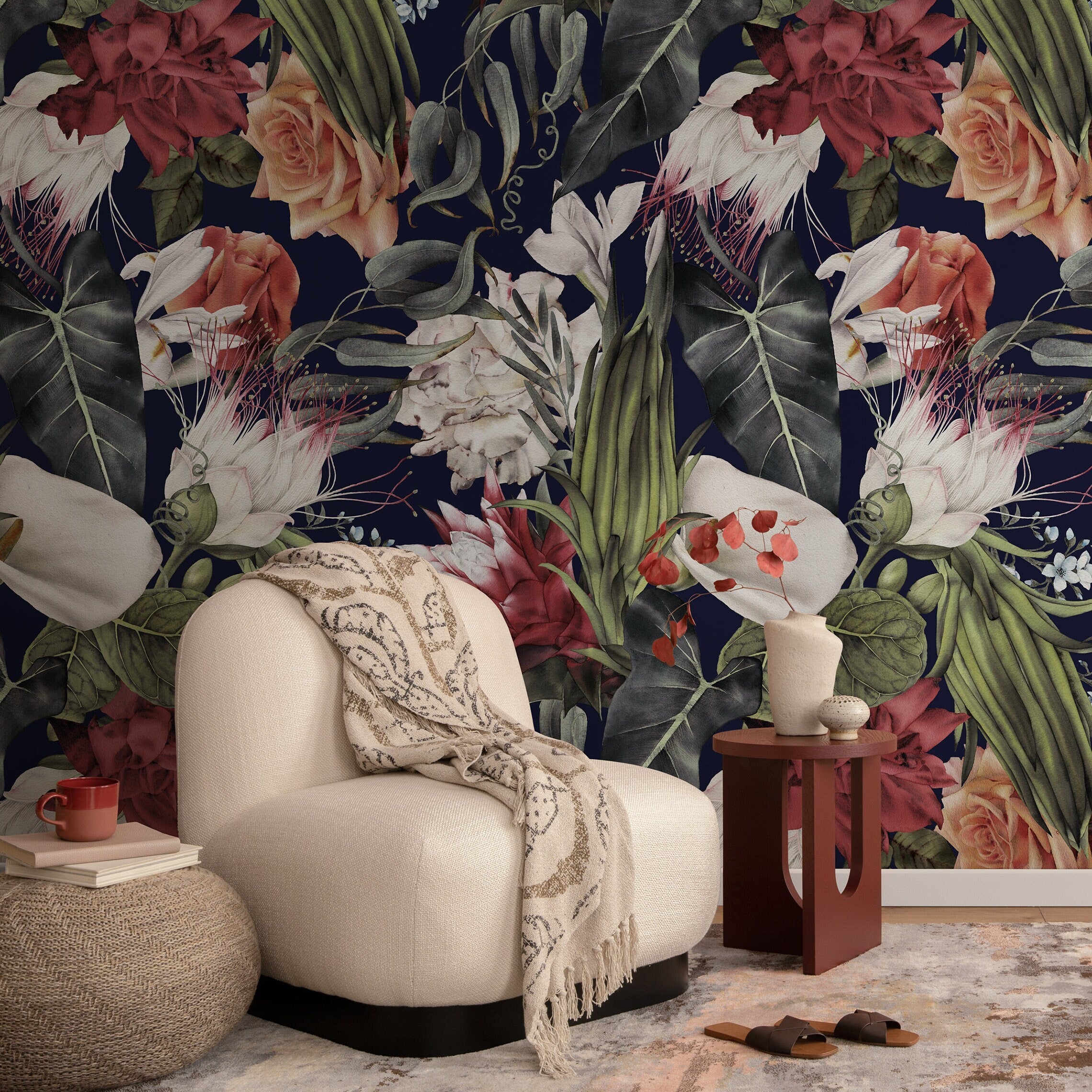 Dark Floral Wallpaper With Moody Roses In Red, Green, And Peach - A845