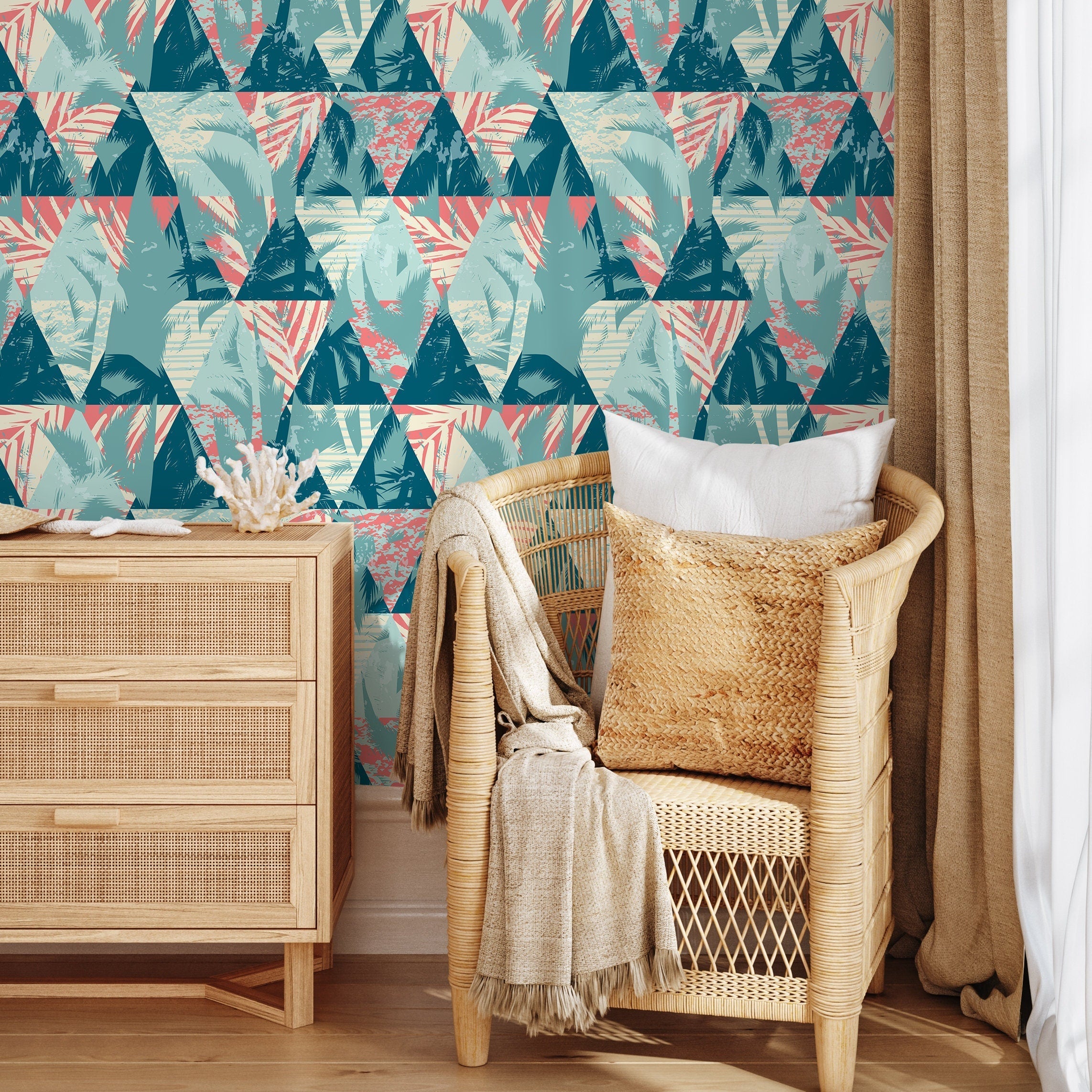 Abstract Wallpaper With A Tropical Triangle Motif In Teal, Coral, And Cream - A970