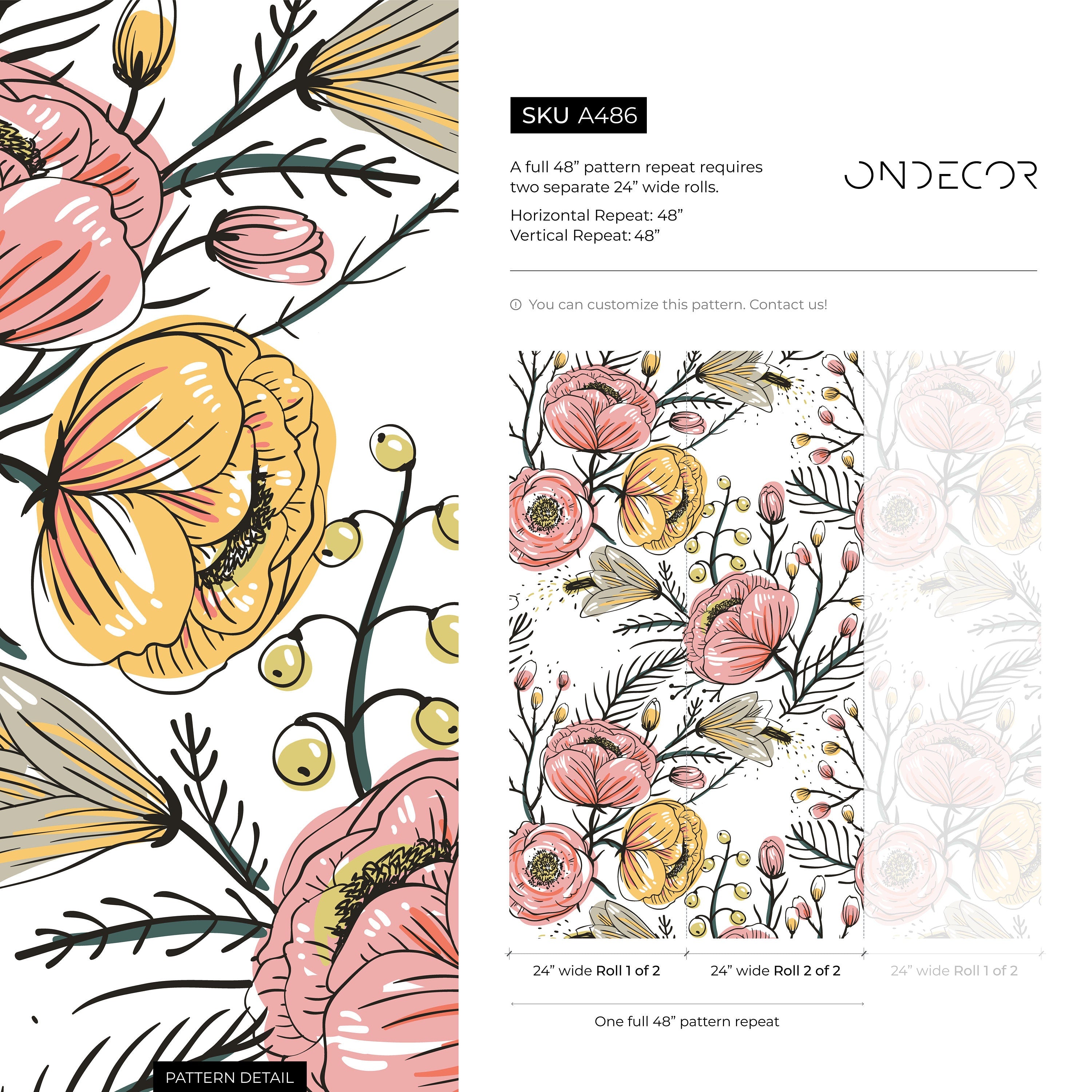 Floral Wallpaper Featuring Hand-drawn Blooms In Pink, Yellow, And Green - A486