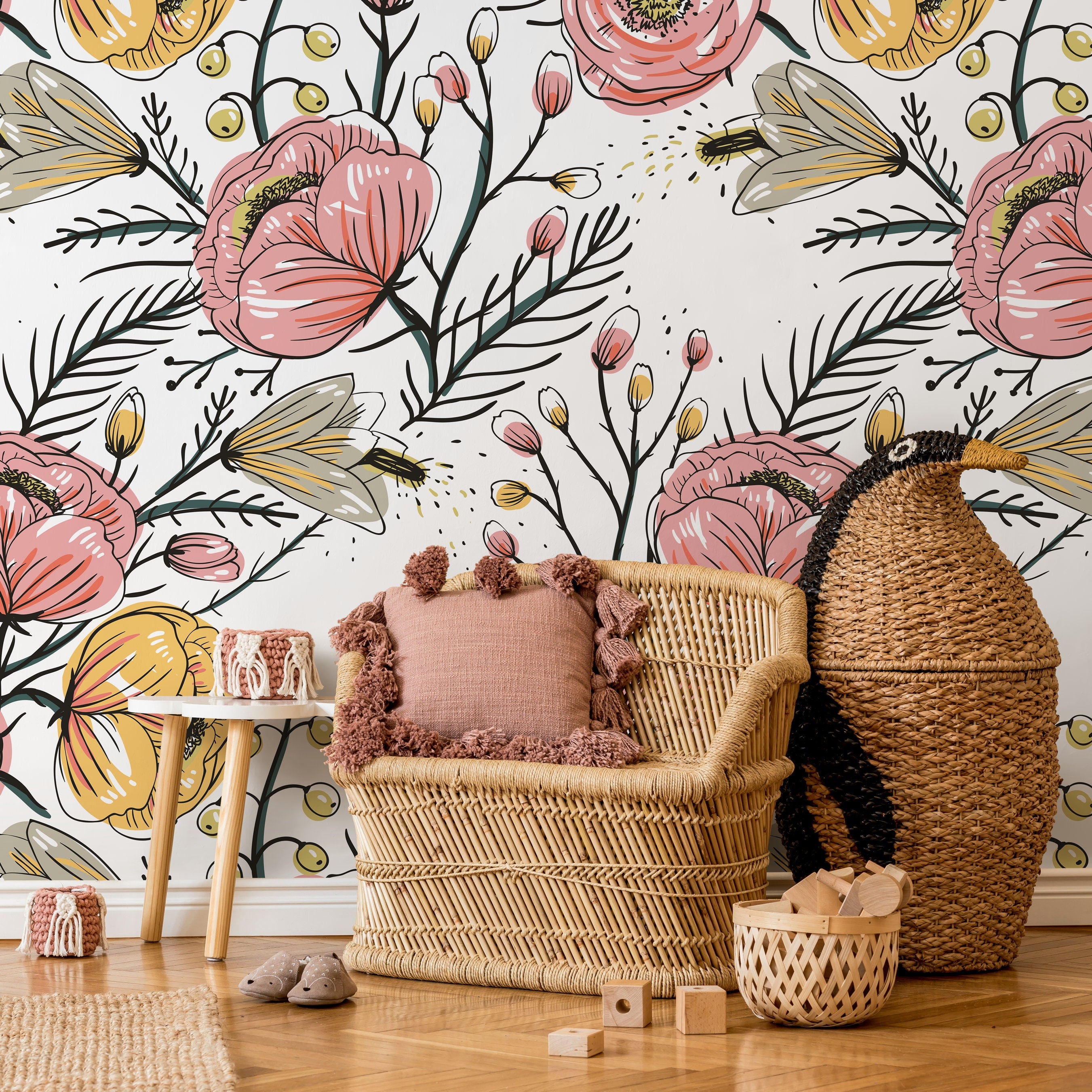 Floral Wallpaper Featuring Hand-drawn Blooms In Pink, Yellow, And Green - A486
