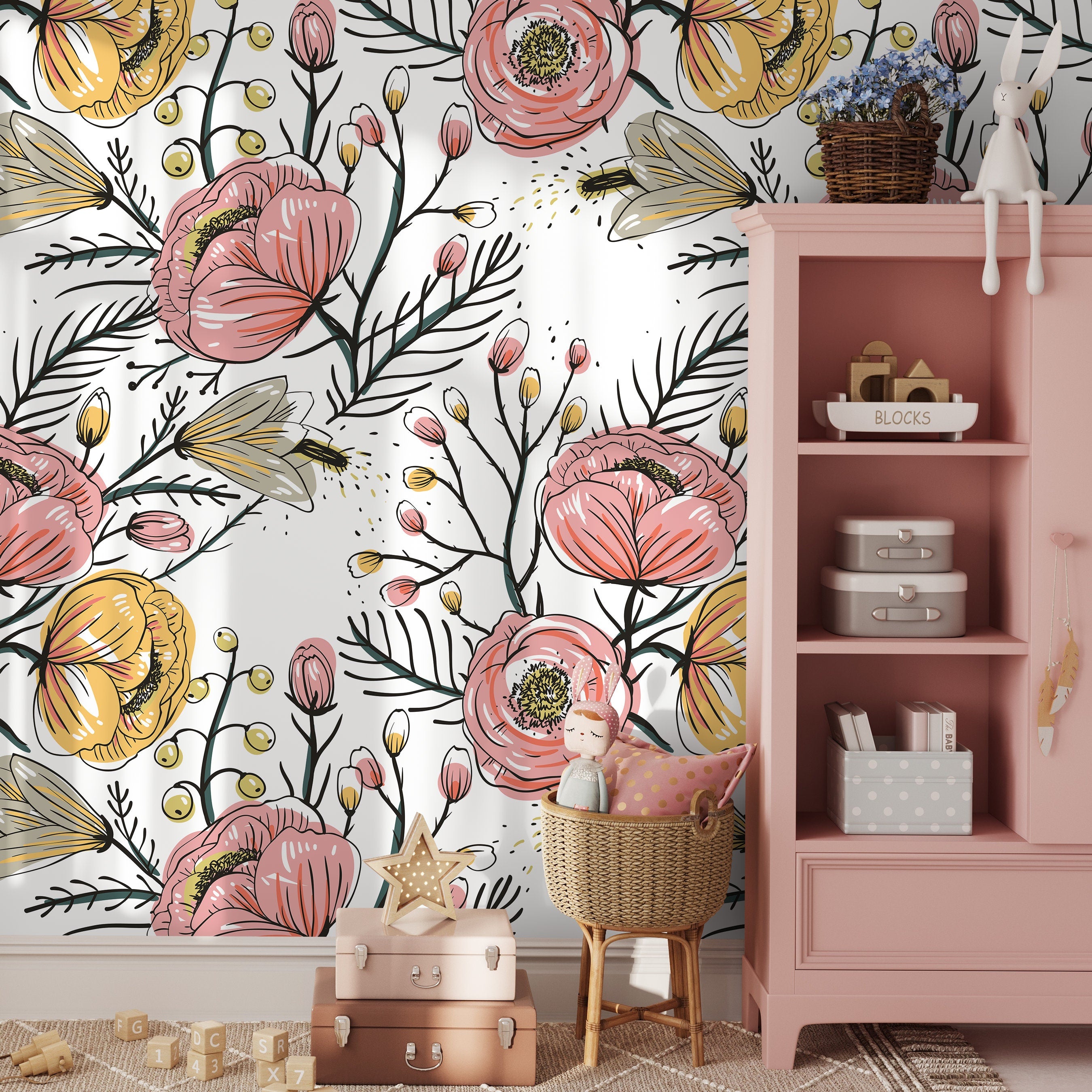 Floral Wallpaper Featuring Hand-drawn Blooms In Pink, Yellow, And Green - A486