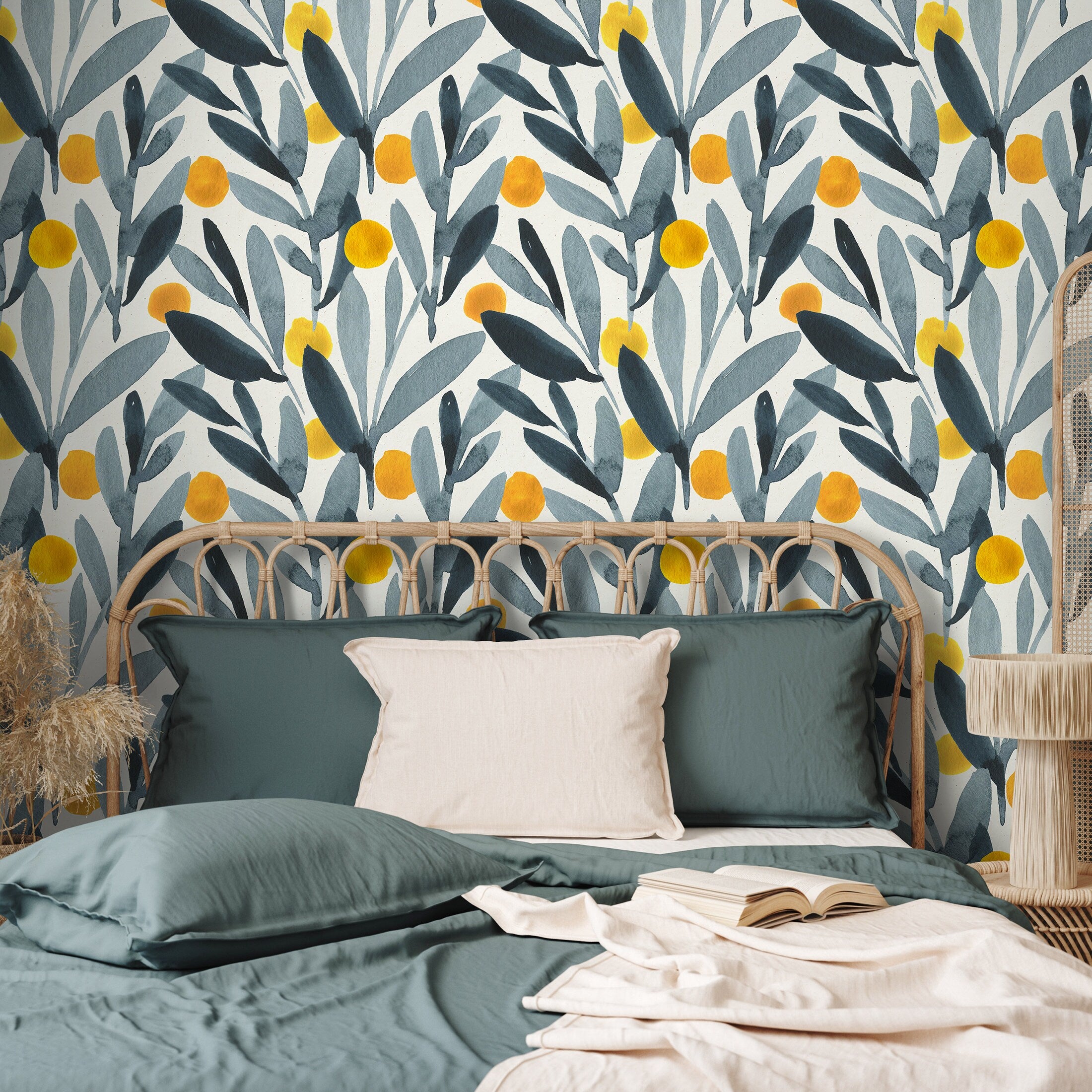 Botanical Wallpaper With Watercolor Olives In Blue, Gray, And Yellow - A401