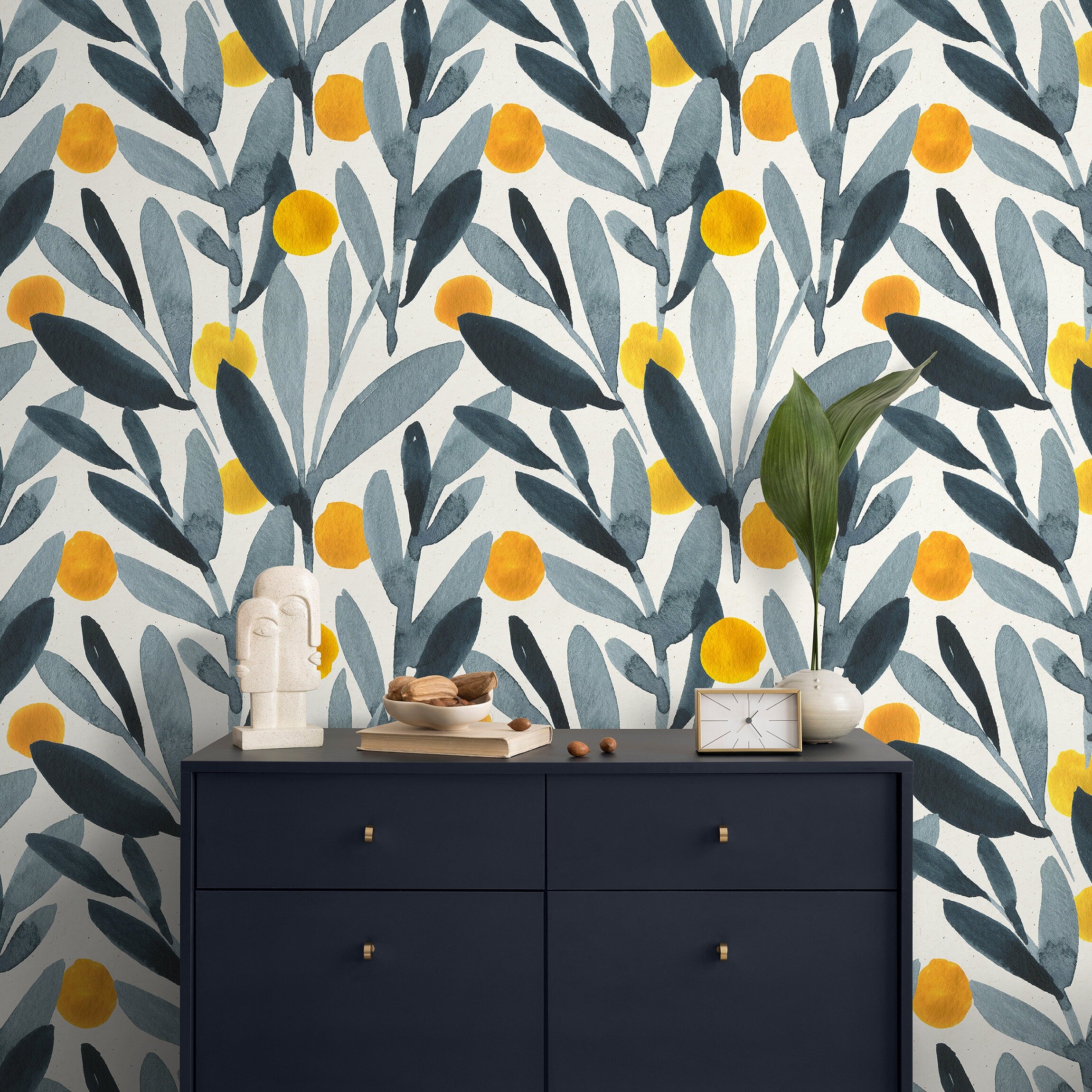 Botanical Wallpaper With Watercolor Olives In Blue, Gray, And Yellow - A401