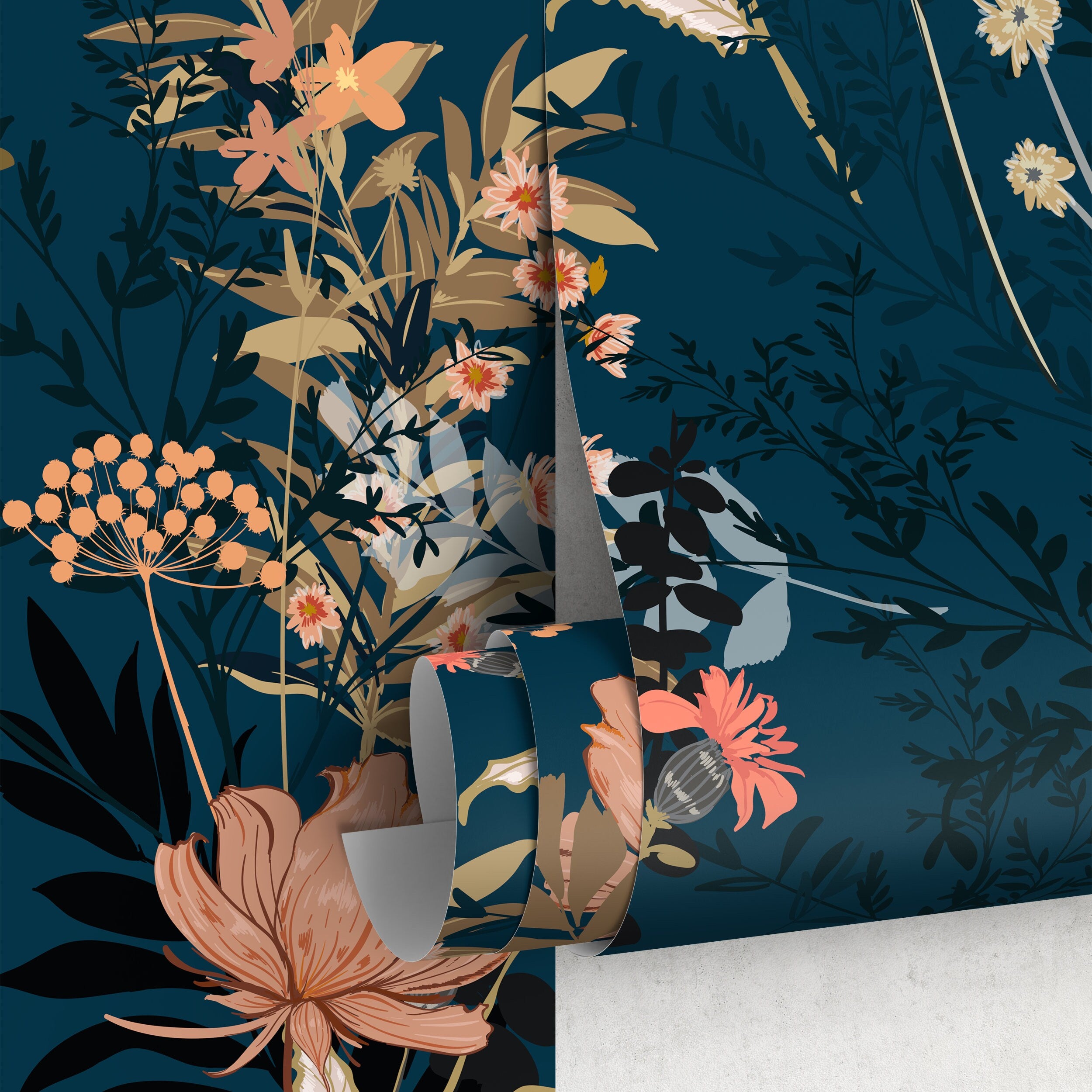 Floral Wallpaper With A Moody Wildflower Motif In Dark Teal, Pink, And Tan - A572