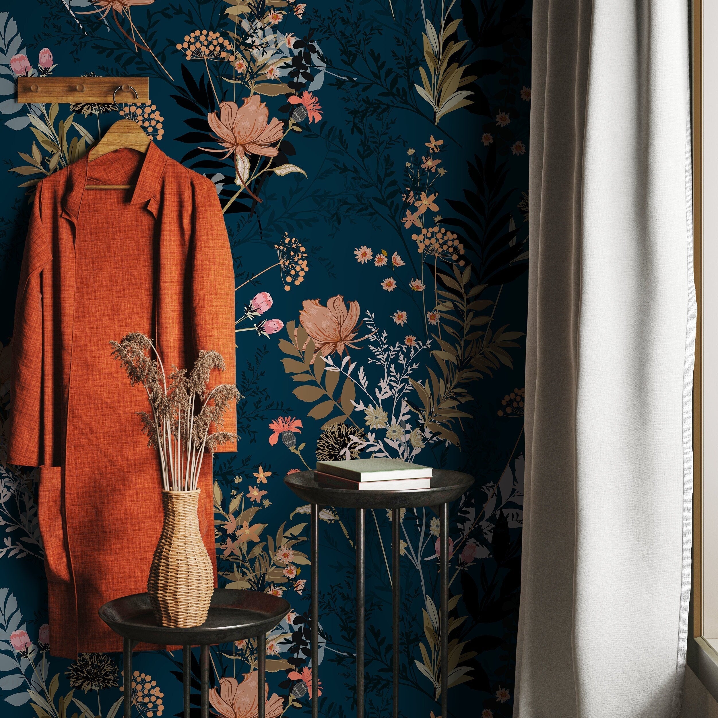 Floral Wallpaper With A Moody Wildflower Motif In Dark Teal, Pink, And Tan - A572