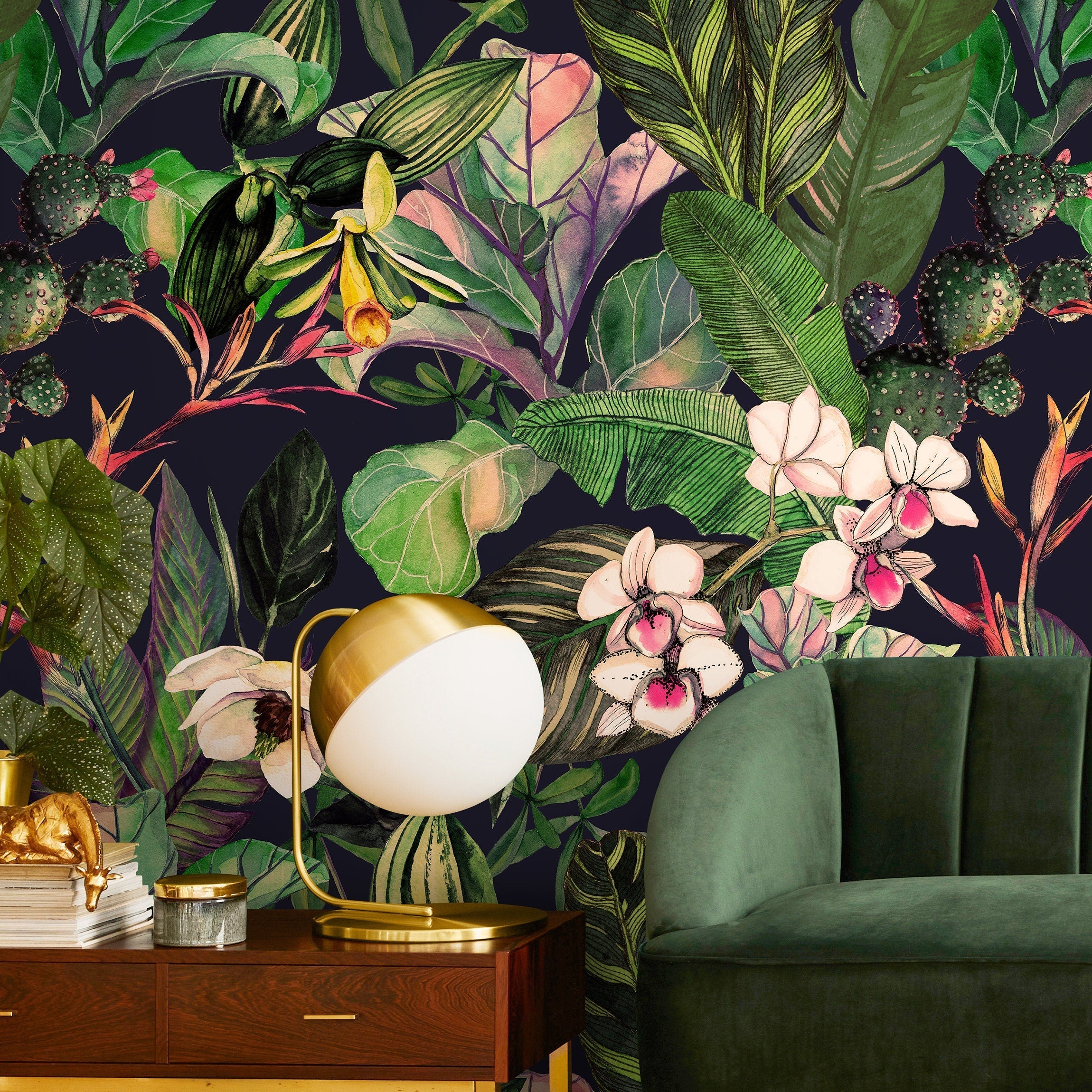 Tropical Wallpaper With Lush Jungle Leaves And Orchids In Green And Pink - A470