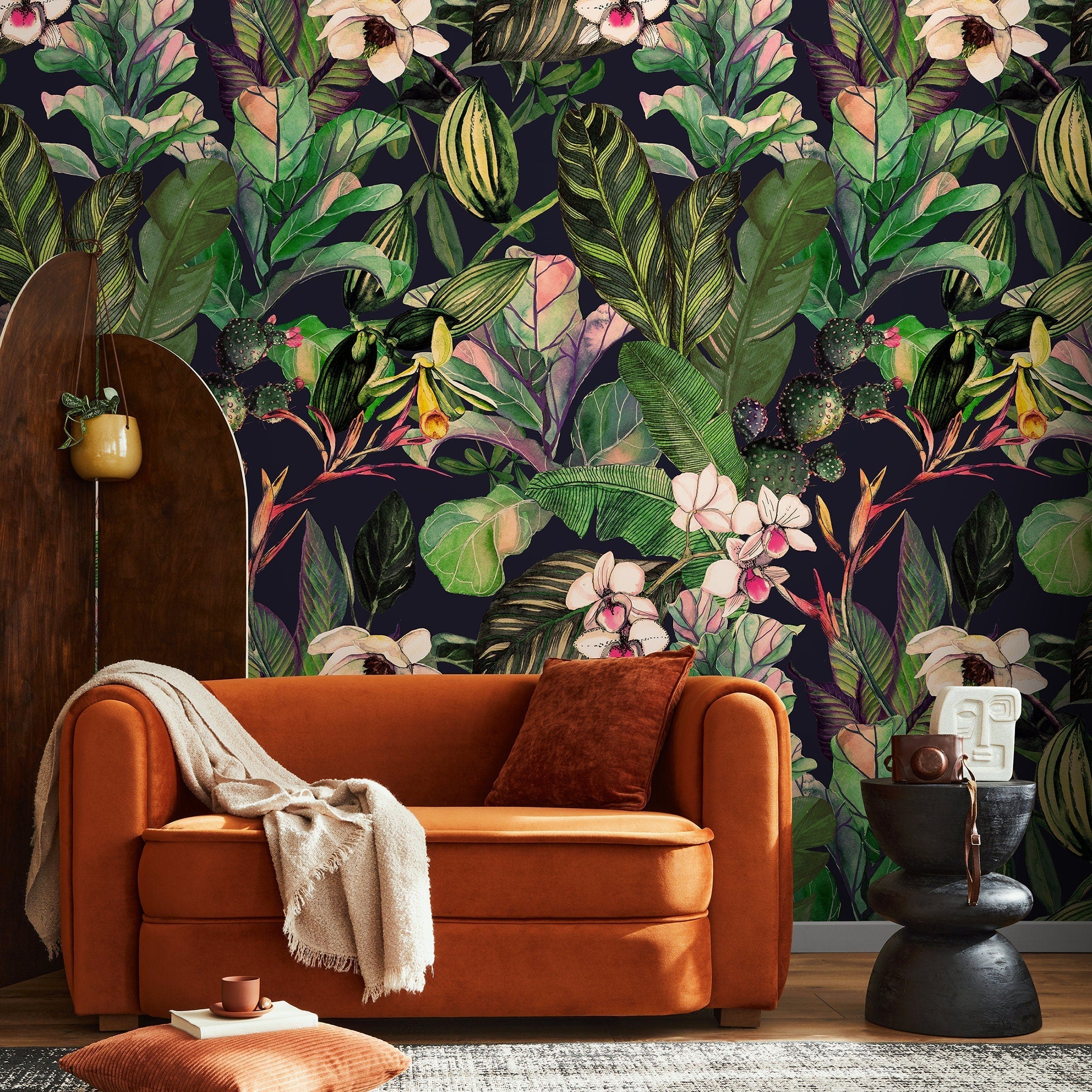 Tropical Wallpaper With Lush Jungle Leaves And Orchids In Green And Pink - A470