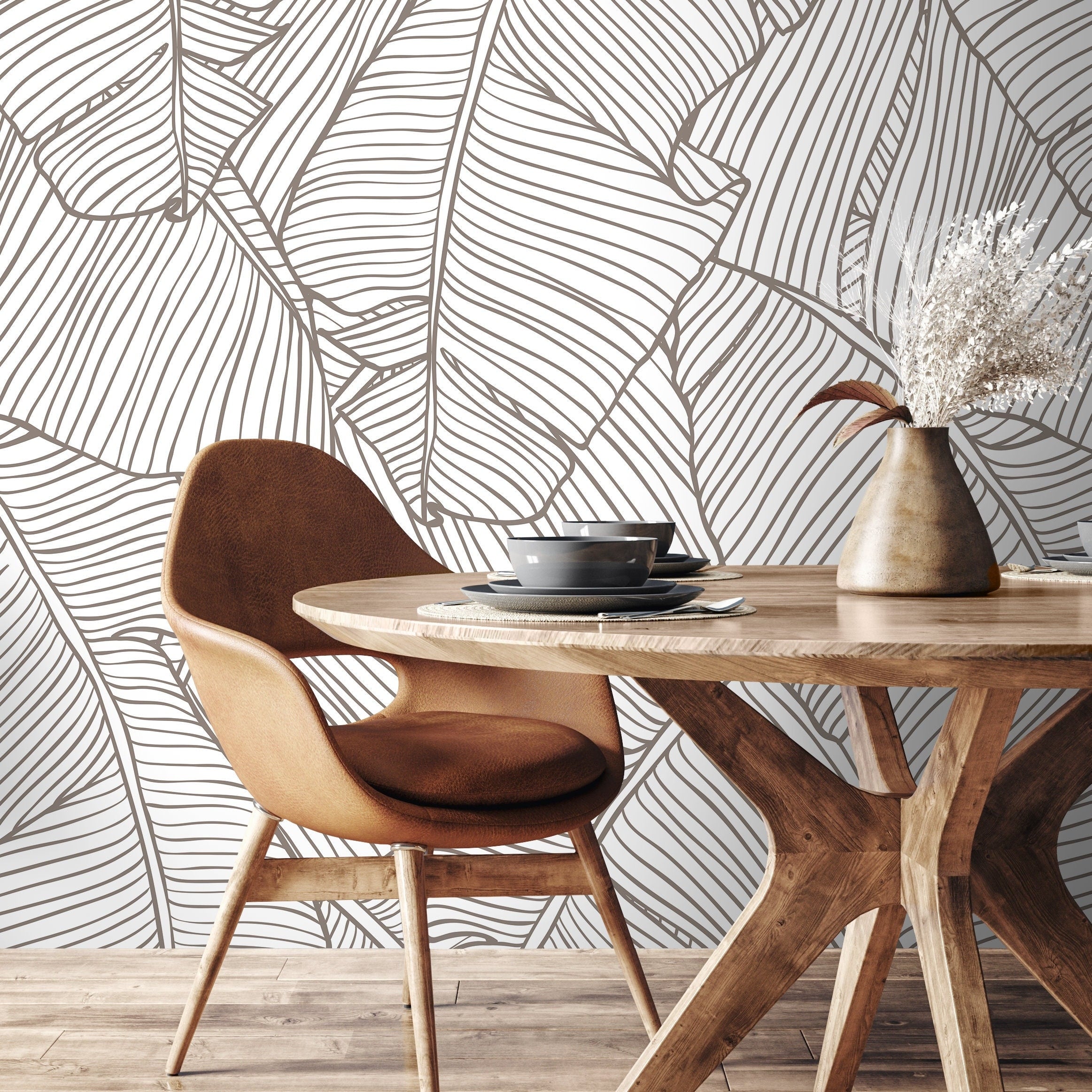 Botanical Wallpaper With Minimalist Banana Leaf Line Art In Taupe - A474