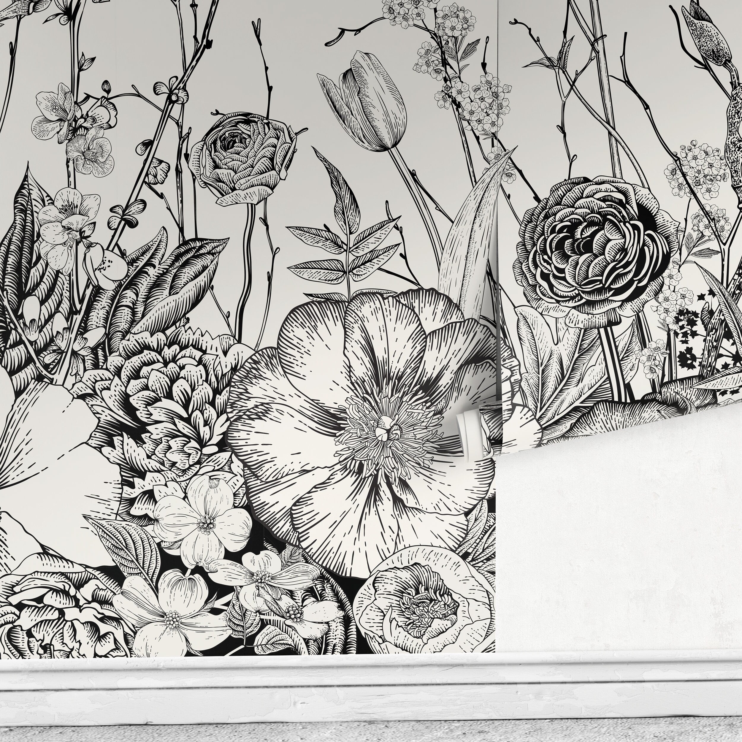 Floral Wallpaper With An Engraved Botanical Motif In Black And White - A531